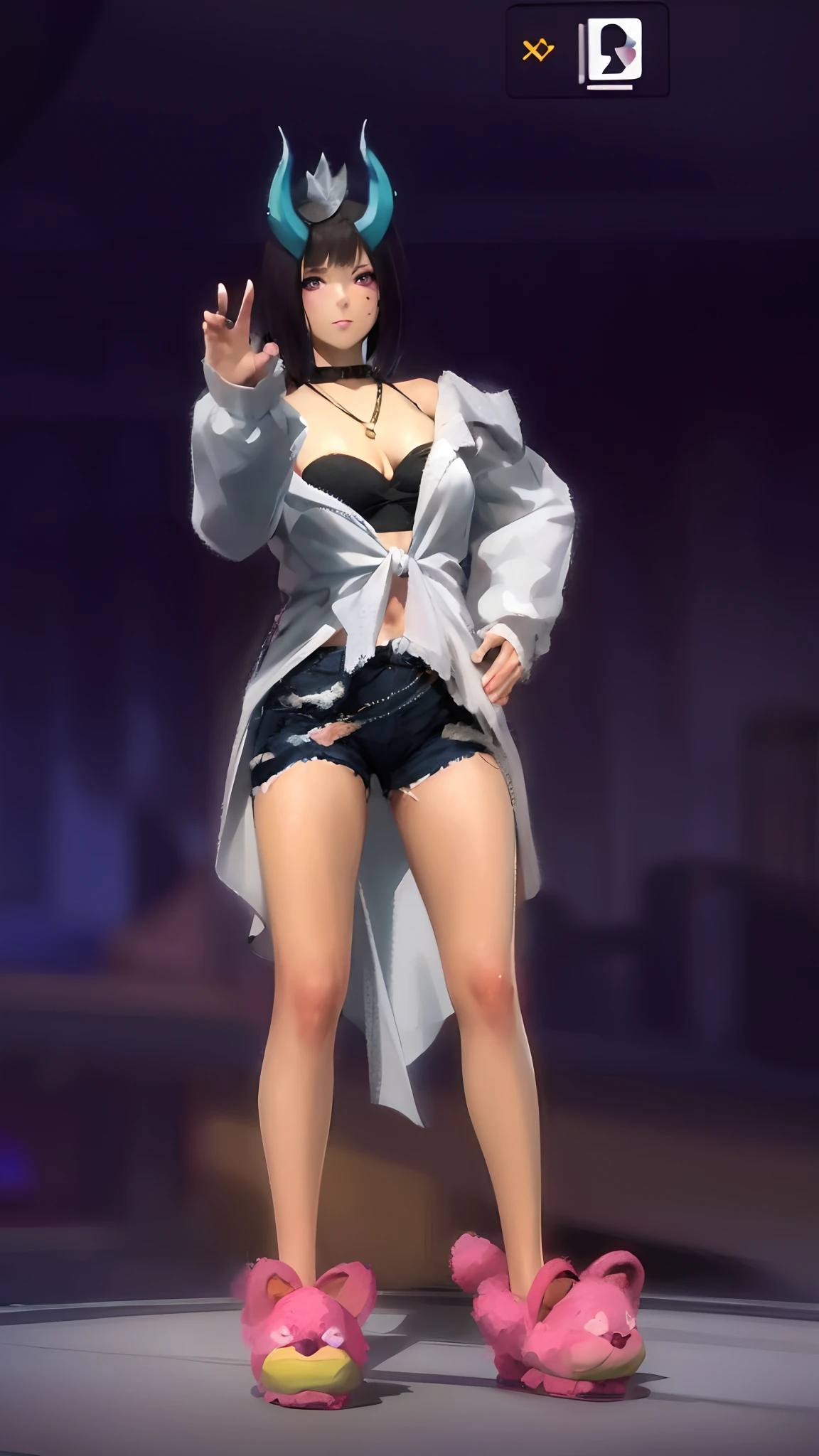 masterpiece, bestquality, highres, 1girls, bara, brunette hair, Short Hair Hair, purple eyes, moles under the eyes, cowboy shot, crop top, off shoulders, Jeans, Hand in pocket, road,