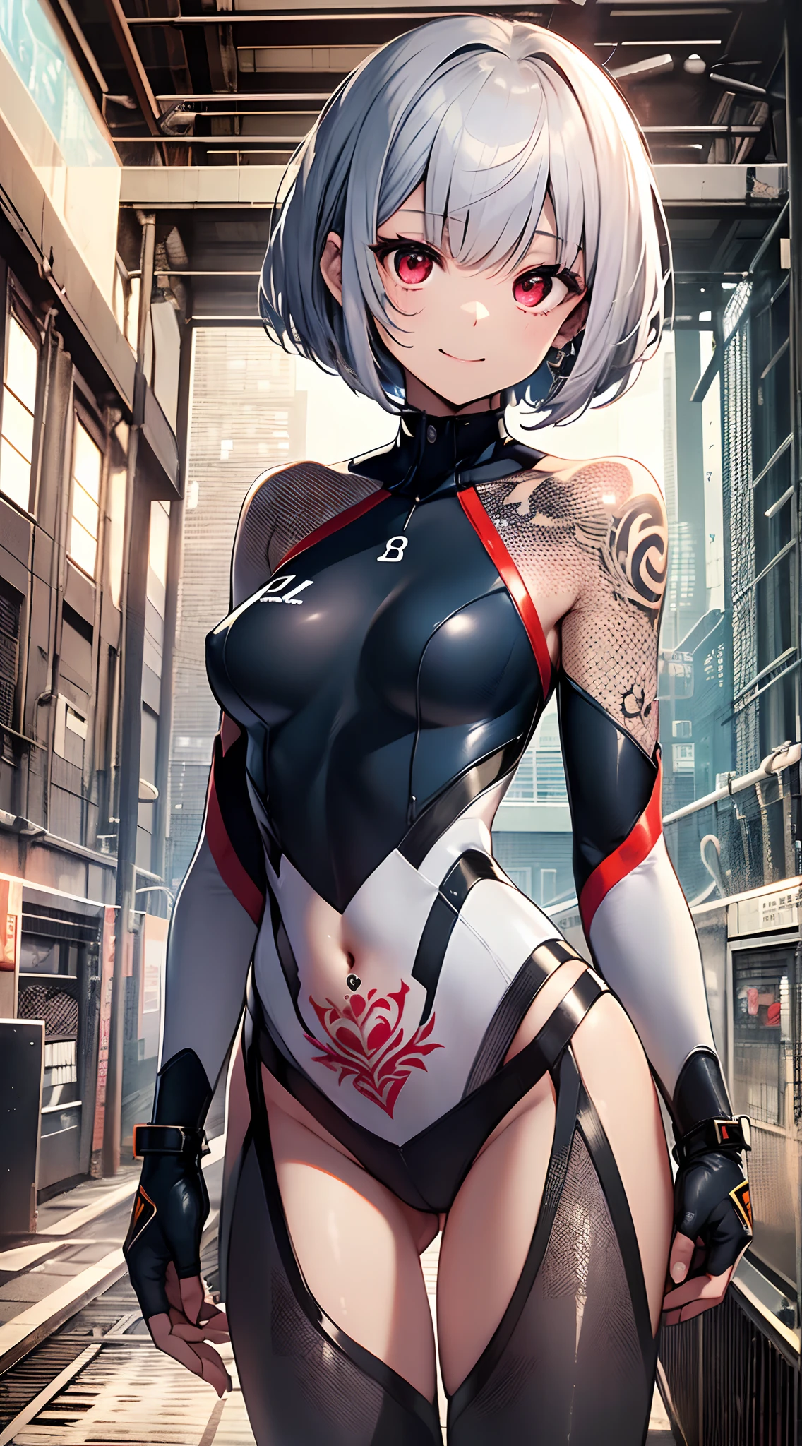 top-quality、Top image quality、in 8K,4K,​masterpiece、(NSFW:1.2)、ultra-detailliert、Beautiful、ultra-quality、adult-like、Cool、girl with(((18year old、zero suit:1.3、、Bust 78、silber hair、a short bob、Red Eyes、erotick:1.4、Happiness、、The tattoo)))、hiquality、visualart、Background with((Near future:1.3))、masutepiece