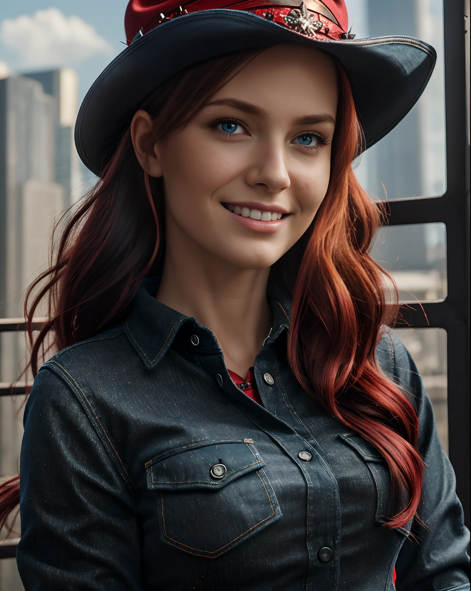 (masterpiece: 1.1), (best quality: 1.2), (RAW), (16k), (photo), (photorealistic), (upscale), (ultra realistic: 2.3), (high detail), (focus: 2.3), HDR camera, (hight resolution), ISO 100, f/2.8, 85mm, 1/125s, One Shot, (solo), ((only one adult woman:1.5), (38 years old), (full body:1.5, standing), (cyberpunk), (high skin detail), (red-haired, wavy hair, redhair, blue eyes, freckles on her face, smile), (small and defined boobs), (cleavage), (long hair), ((wearing a cowgirl hat, tight jeans, plaid ((shirt black/red)), cowgirl boots)), close-up.