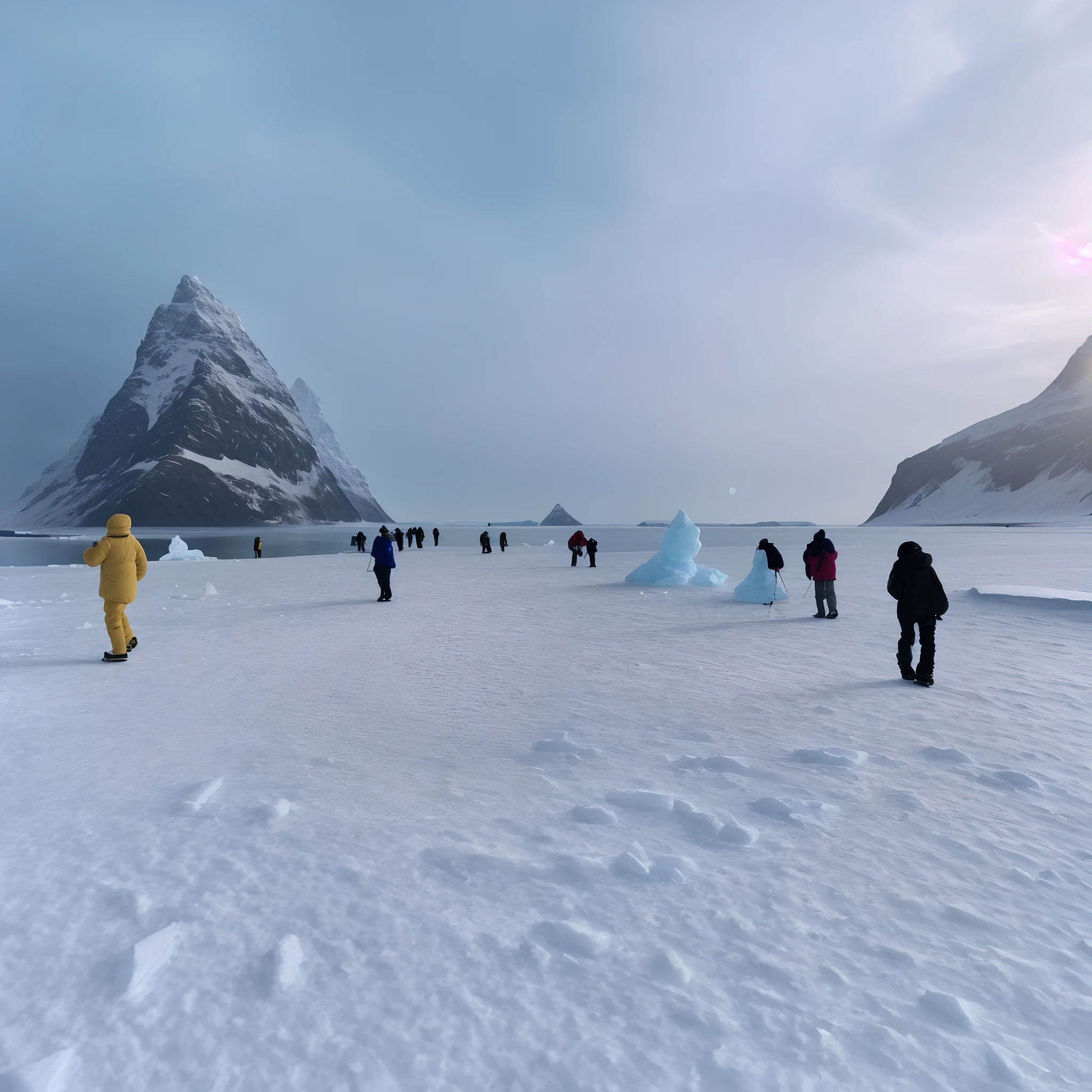 People walk with snowmen in the snow near the mountain, snowy arctic environment, walking across ice planet, ice mountains afar, walking on ice, luminist polar landscape, with a snowy mountain and ice, Snow-capped fjords, icy mountains in the background, taken on iphone 1 3 pro, antarctica, atarctive, planet hoth, taken on iphone 14 pro
