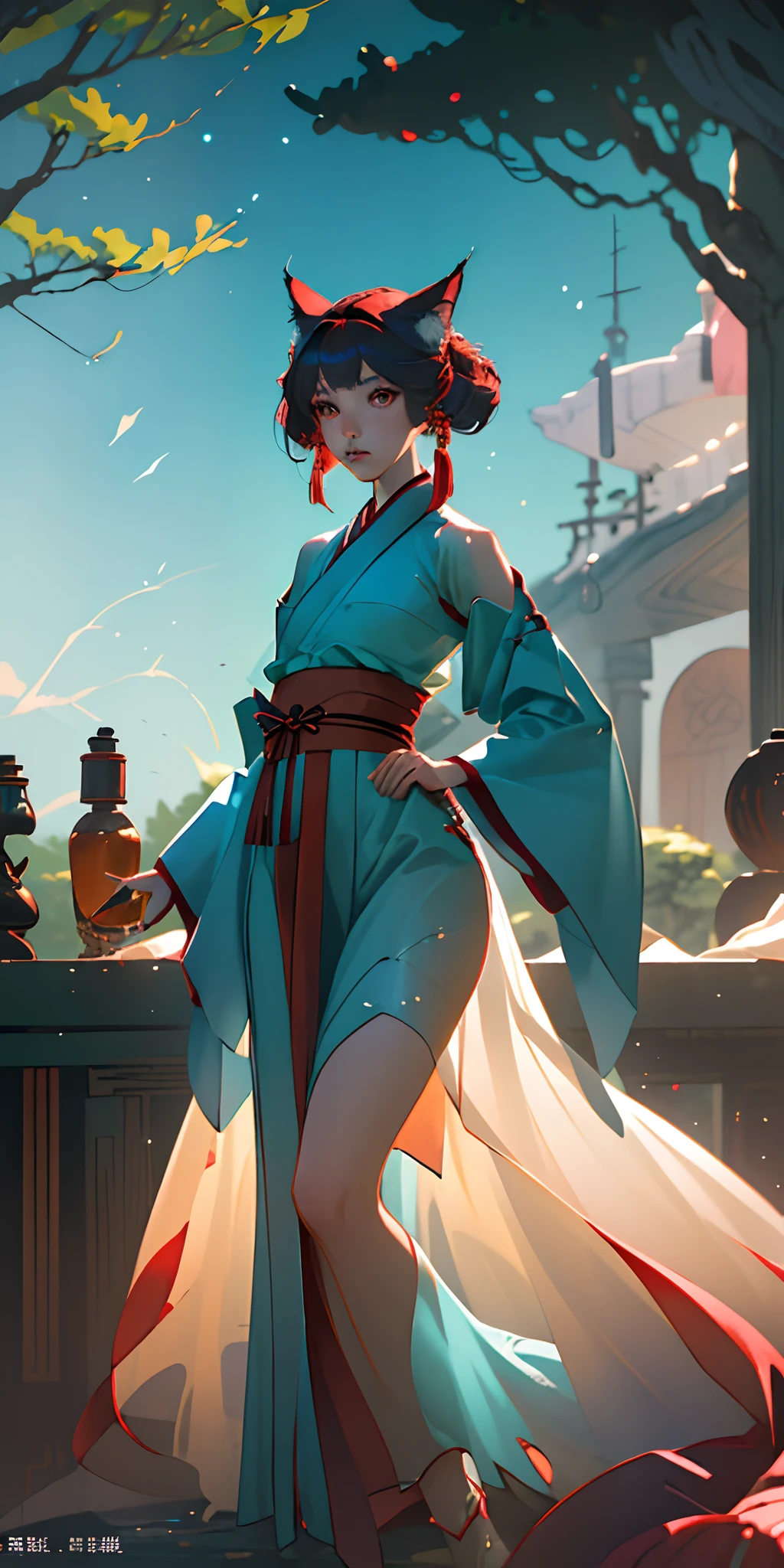 (best qualtiy,tmasterpiece),1girl,nine tail fox,Hanfu,Particle,ventania,looking at viewert,fox ear,monsters in the background,Contre-Jour,The upper part of the body,lewd poses