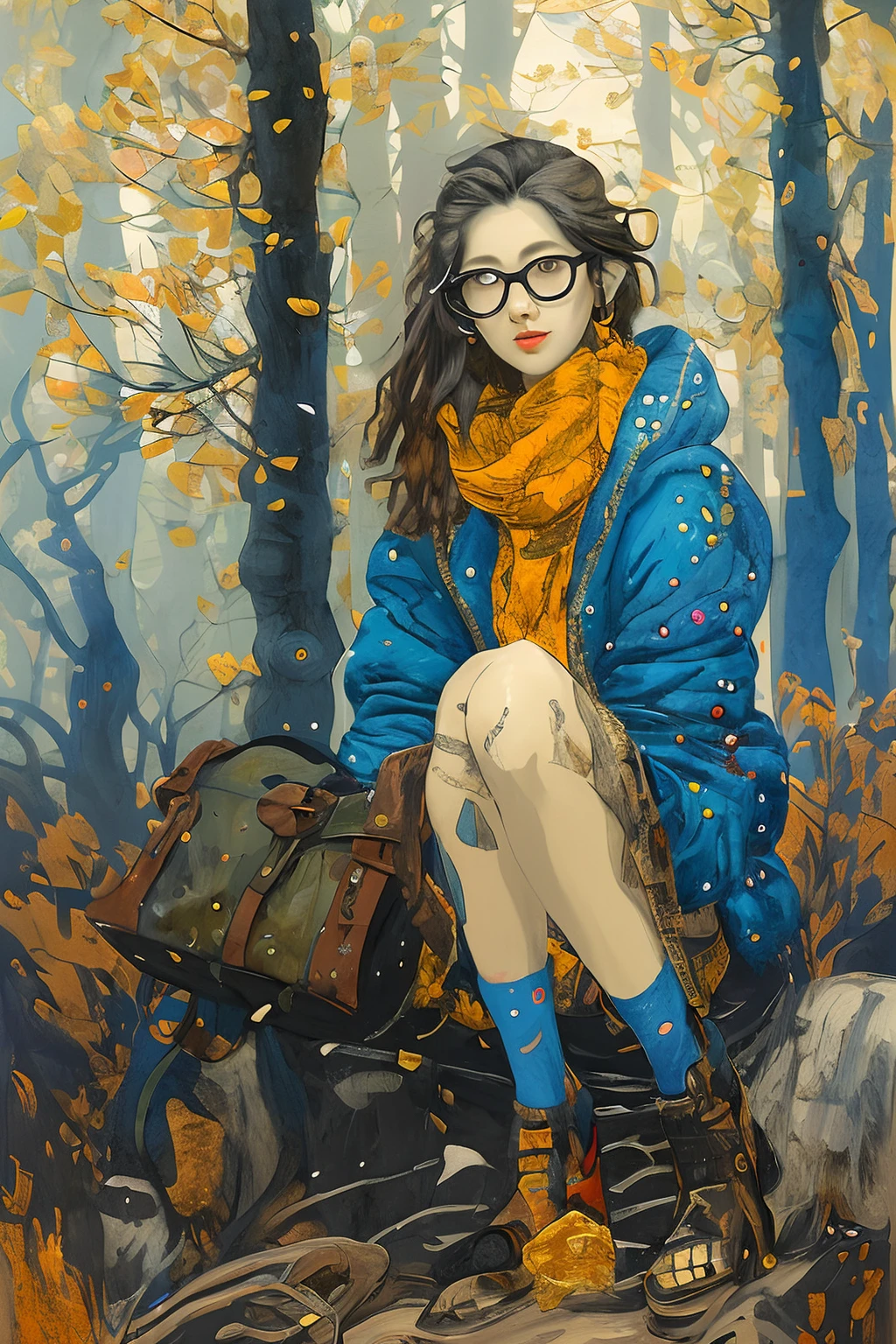 znchn style、Official、​masterpiece、Beautiful fece、highly contrast、art by、Sexy 1 girl waiting for lover、portraitures、long court、long boots、sockes、sitted、hand between legs、brown haired、bluntbangs、long shoulder hair、bags、lips eyelashes、the woods、Blue sweater、eye glasses、Orange jacket、scarf、illustratio、Subtle Colour、profile、Subtle Colour、post grunge、concept-art、Paint Splatter、intricate-detail。Highly detailed and detailed eyes、Trending in art stations、Jothan Gonzalez and Rop、James Jean、Vikton Gai、David Rabun、Mike Mignola、Lauri Lee、Masterpiece、top-quality、