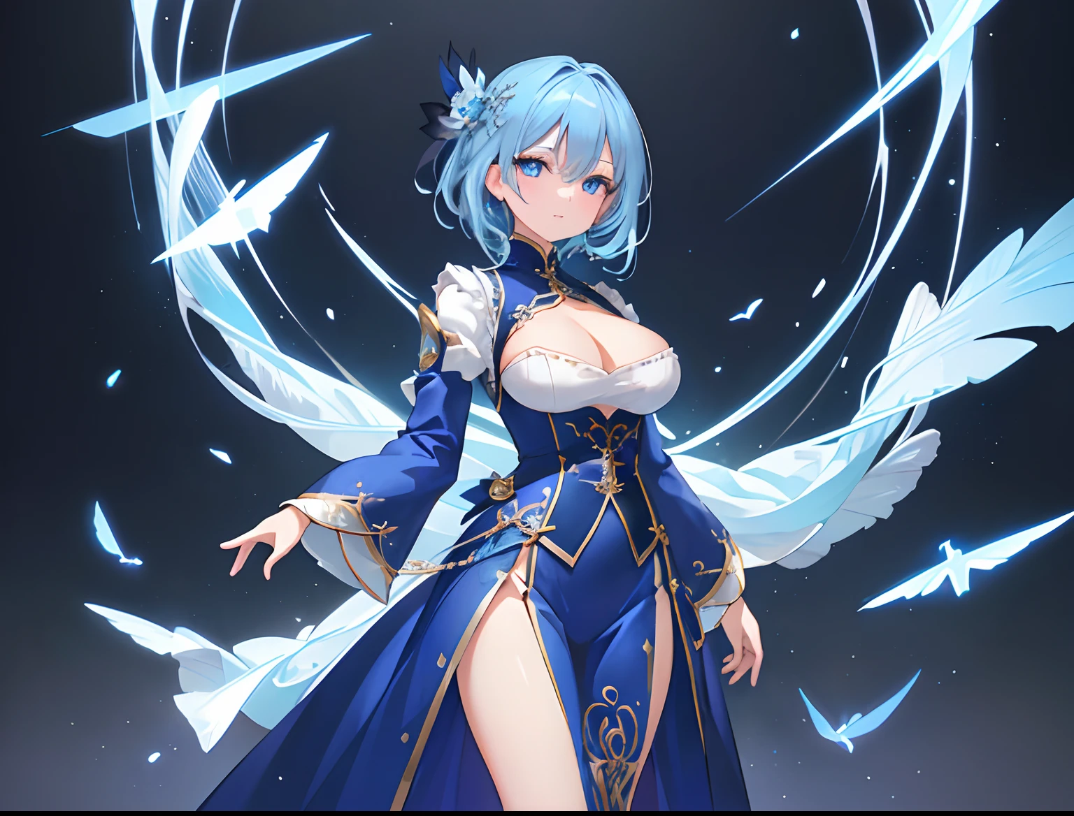 (masterpiece:1.21), (top-quality:1.331), ((ultra-detailliert)), ((Superb illustration)), ((astounding)), (An ultra-high picture quality), Gorgeous and rich graphics, (extremely delicate and beautiful:1.21), 8K, wall-paper, (Very beautiful lighting), hard lights,(beautiful finely detailed eyes)、1girl in、独奏、full bodyesbian、From head to toe、is standing、blue hairs、shorth hair、blue eyess、large full breasts、cleavage of the breast、Full body portrait、sullenness、frontage、masterpiece、top-quality、greybackground、