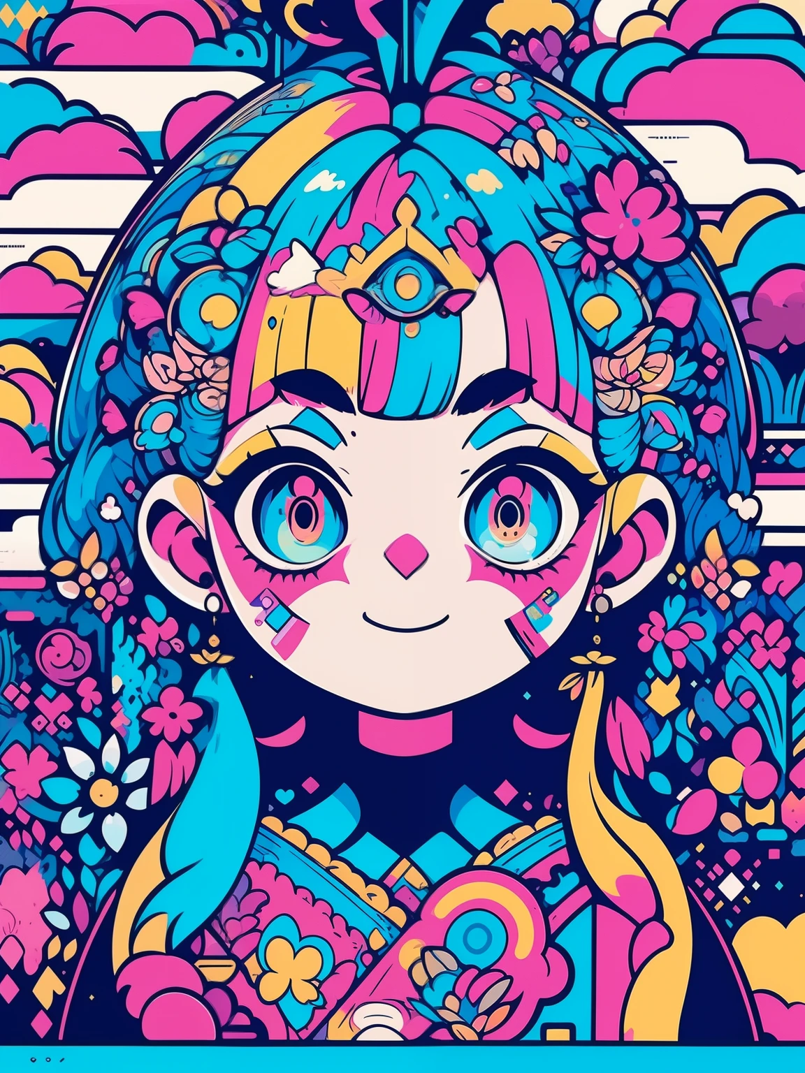 high high quality、Colorful color palette、high-level image quality、( with makeup:1.37)、Unprecedented amount of drawing、style of anime、(Cosmetics and decorations),Geometric pattern background、,frontage、Sticker style
