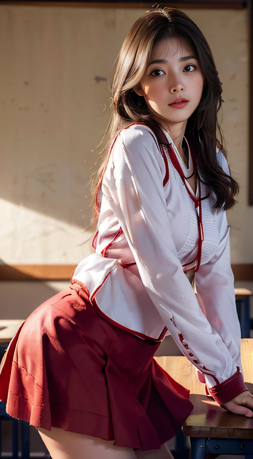 ((Beautiful girl:1.3)) ((校服:1.4)),((Red skirt:1.3)) ((In a classroom:1.3)) ((Thin_textile:1.4)) ((Random sexy pose:1.3)) ((Sweaty:1.5))((Blushing face:1.4)) ((Close-up:1.2)) Best quality,Masterpiece,超高分辨率,(Photorealistic:1.4),RAW photogr,(Mature skin texture:1.3),(filmgrain:1.3),in a panoramic view,Character portrait,very wide wide shot,a narrow waist,cowboy lens,(The darkness is in, deepshadow, low tune, Cold light,)streaming tears,,Dust,Tyndall effect,(expressions),1girll,Beautiful detailed eyes and face,White jabot,Brown eyes,((the hair:1.2)) ((s whole body)),(((nice))),Short skirt wrapped around ass,Wear an over-the-knee skirt,Sweet face
