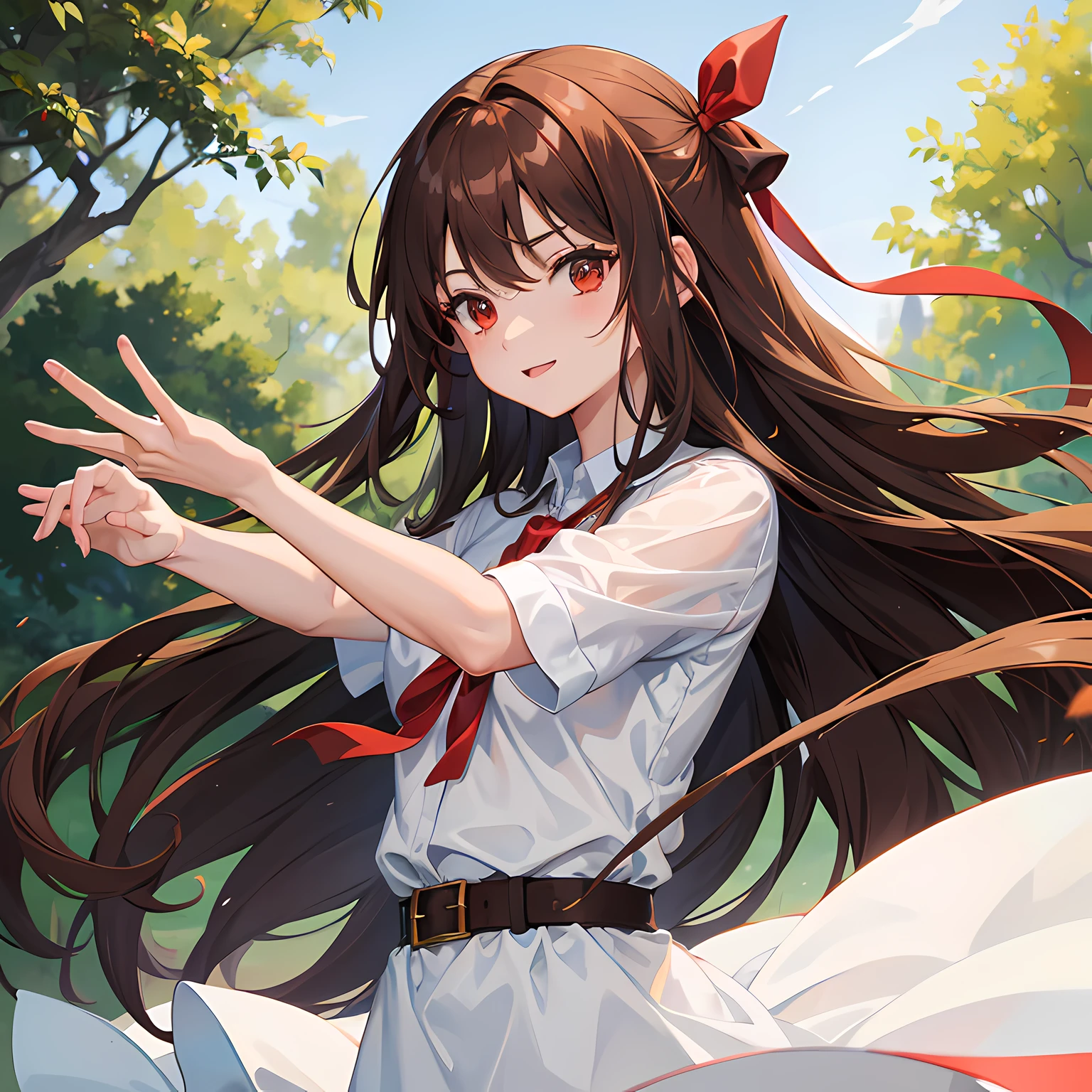 1girl, long brown hair, red eyes, wearing plain white shirt, wearing red ribbon in hair, upper body shot, happy, absurdres, high res, ultrasharp, 8k, masterpiece