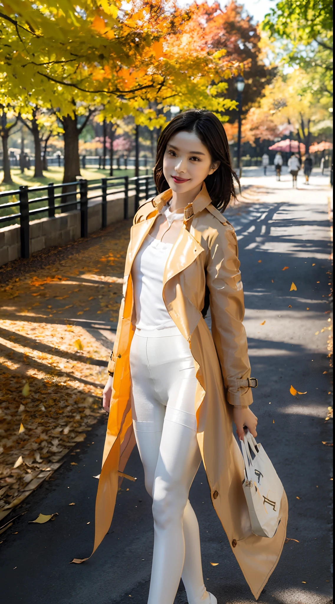 (shoulder-length straight short black hair:0.9),Upper body, （Extremely meticulous CG 8k wallpaper），（Extremely refined and beautiful），（Masterpiece），（best qualtiy:1.0），（Ultra High Resolution:1.0），beautiful light up，Perfect lightning，realistic shaded，[A high resolution],(Smooth and flawless fair skin:1.5),(shiny skin:1.5),Extremely exquisite facial details，ultra - detailed，A  girl，small head，Smile，cheerfulness,autumn,afternoon，Close Shot,(in park:1.5), clear sky, blue sky,trees with yellow leaves,Yellow leaves flying in the air,Many yellow leaves on the ground,Bright sunlight,walking,On the stone arch bridge,enjoying a comfortable and intoxicated expression,small face,hair flying,(perfect body:1.1）,small breasts，flat chest，slim，thin，(Orange trench coat:1.5),(white collared shirt:1.3),(pantyhose:1.5),Slender legs,flowers,sideways