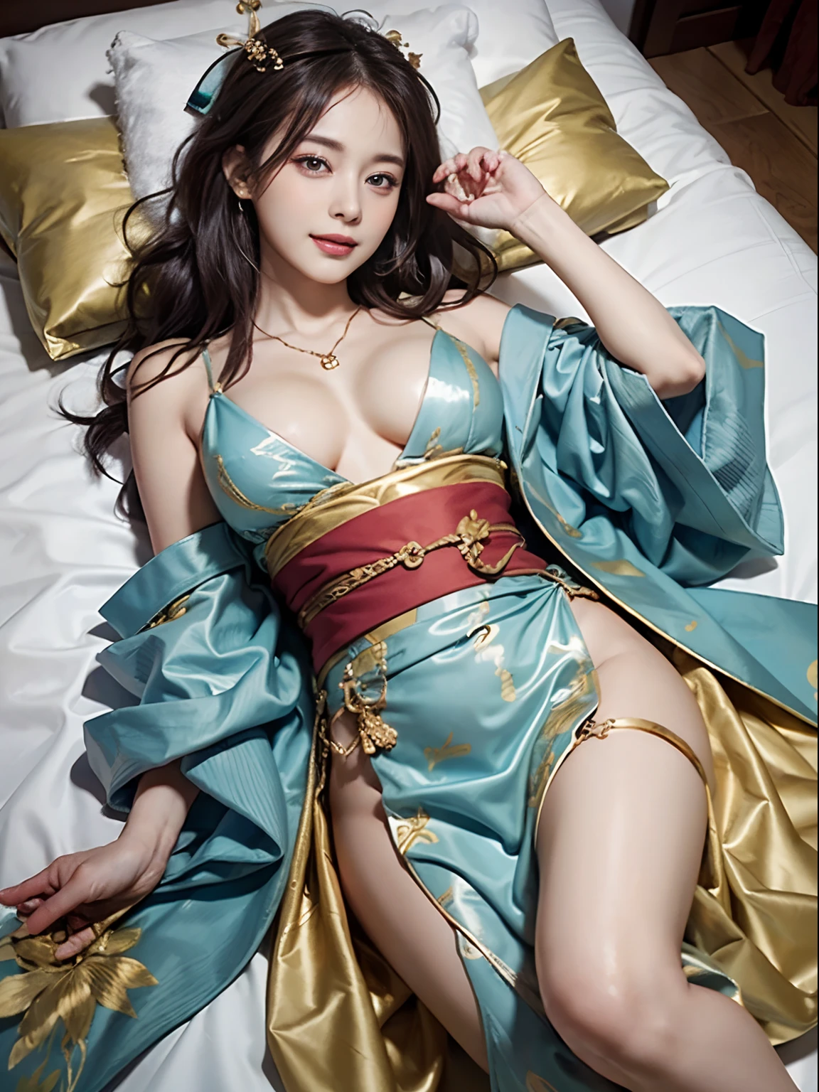 (A hyper-realistic)、(illustratio)、(hight resolution)、(8k picture)、(ighly detailed)、(Best Illustration)、(beautifully detailed eyes)、(top-quality)、(ultra-detailliert)、(masterpiece)、(wall-paper)、(A detailed face)、独奏、女の子1人、fullbody image、(Burst breasts:1.3),female idol、Change of kimono、Eyes on the viewer、Detailed eyes and mouth、A detailed face、lowkey、pureerosfaceace_v1、huge smile、Happiness、Golden Shorthair、Beautiful teeth alignment、Blushing cheeks、constricted hips、skinny thigh、Watching from above、a necklace、耳Nipple Ring、Bracelet、laying down on the bed、Bedrooms、