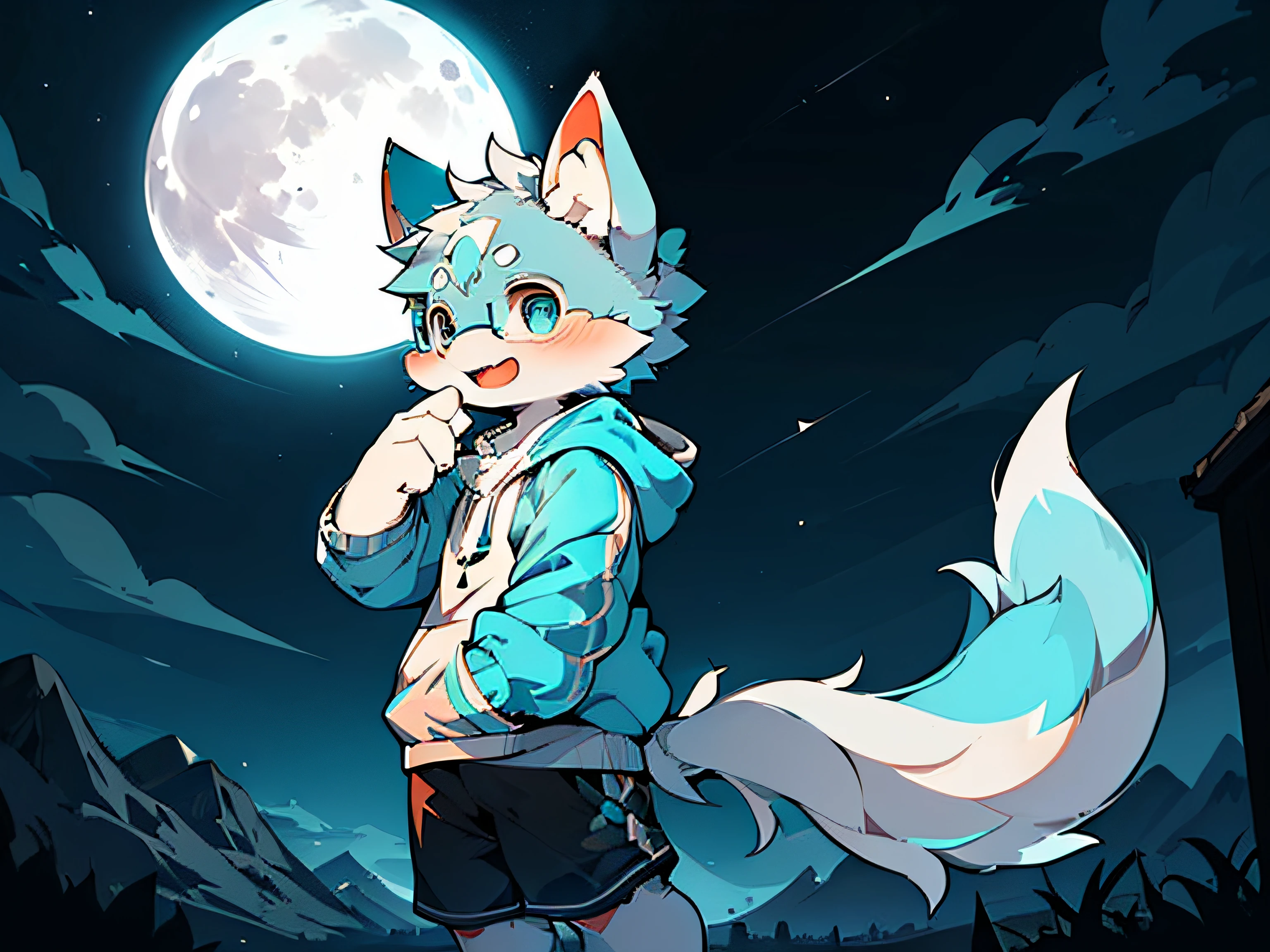(single person:1.3), wolf orc, spotless, male, (adult:1.1), (tall:1.3), dark gray fur on the back, short hair, (detailed square rounded glasses:1.2), wolf ears, light gray ear roots, (light red ear tips:1.05), concave right ear, deep blue pupils, furry wolf tail, dark gray tail roots, white tail tips, dark gray big arms, white small arms, four limbs wolf sharp white claws, 4 white fingers, 4 white toes, (sky blue hoodie:1.5), black shorts, standing, laughing with open mouth, look up to the sky, outdoor, night, dark sky, (distant mountain:1.2), (modern city:1.2), (wide rooftop:1.2), (streetlights:1.05), (dark sky:1.3), (full moon:1.3), close-up, full body, view of left side, best quality, excellent masterpiece, clear lines, background of details, (extremely detailed characters:1.2)
abstract res,digital painting\(artwork\), by dagasi, yupa,kiyosan