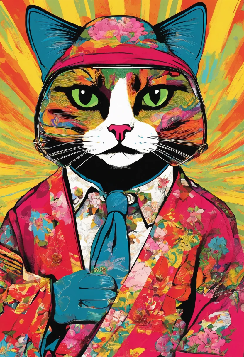 a picture of a cat in a karate kimono, Trending at Art Station, dressed in punk clothes, Detailed hyperrealistic rendering, A member of a British gang, street style, Intimidating pose, Planet of Cats, Clothes with fashion, Urban samurai, meow, Western Slavic features, 8 1 5, Animations