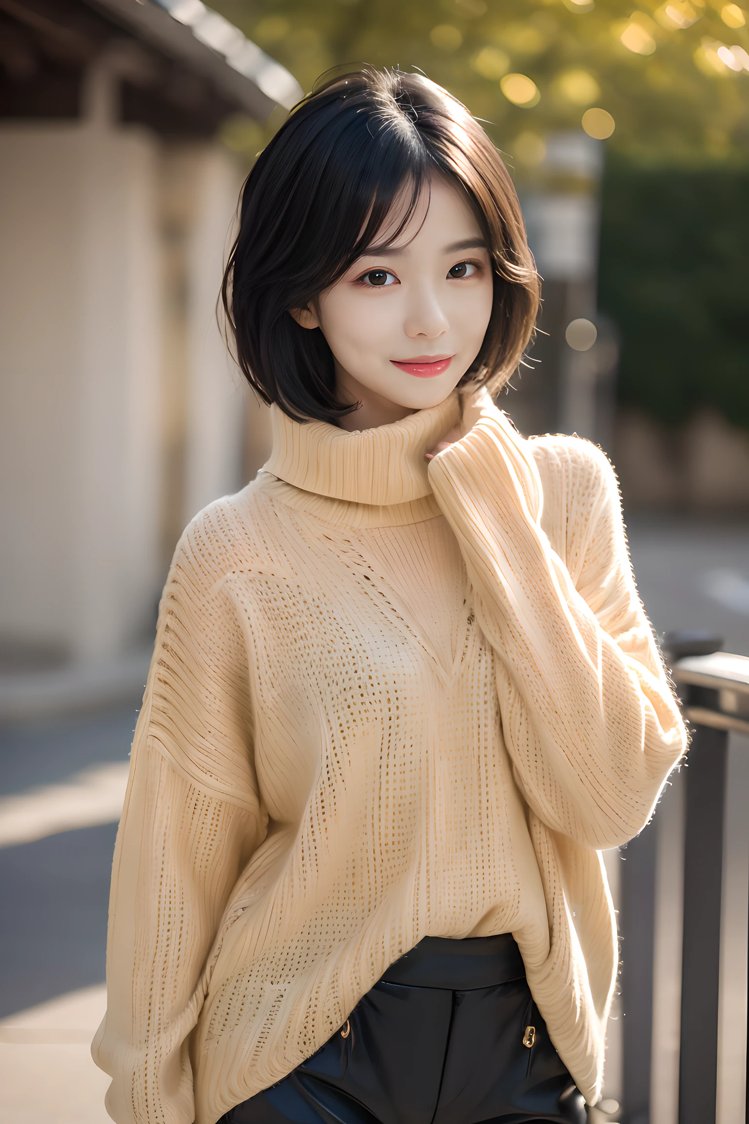 , long windblown [blue-black:.3] hair,looking at viewer, (masterpiece:1.3), (8k, photorealistic, RAW photo, best quality: 1.4), japanese, (1girl), beautiful face, (realistic face), (black hair, short hair:1.3), beautiful hairstyle, realistic eyes, beautiful detailed eyes, (realistic skin), beautiful skin, attractive, ultra high res, ultra realistic, highly detailed, golden ratio, beige fluffy loose turtleneck sweater, shorts,