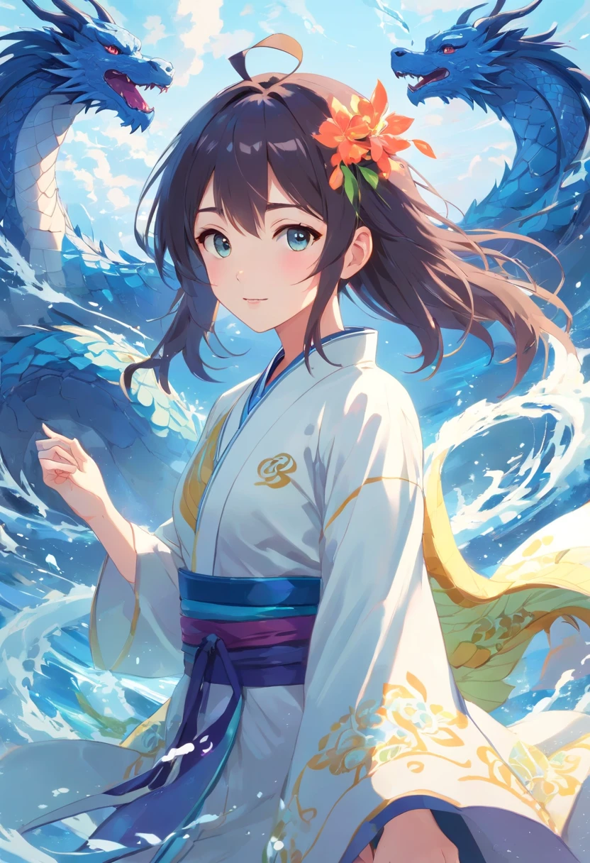 ((Masterpiece,Best quality)),(1girll, Solo:1.4),美丽细致的眼睛,floated hair,white backgrounid,Buble,Fluorescence,Water made up of girls,Gorgeous Chinese costumes,clean backdrop,National tide wind,clouds,wave,Eau,wave,Water Technique,1girll,Flying long hair,florals,An oriental dragon composed of water,Cyan and white,Works of masters,HighestQuali,high detal,8K
