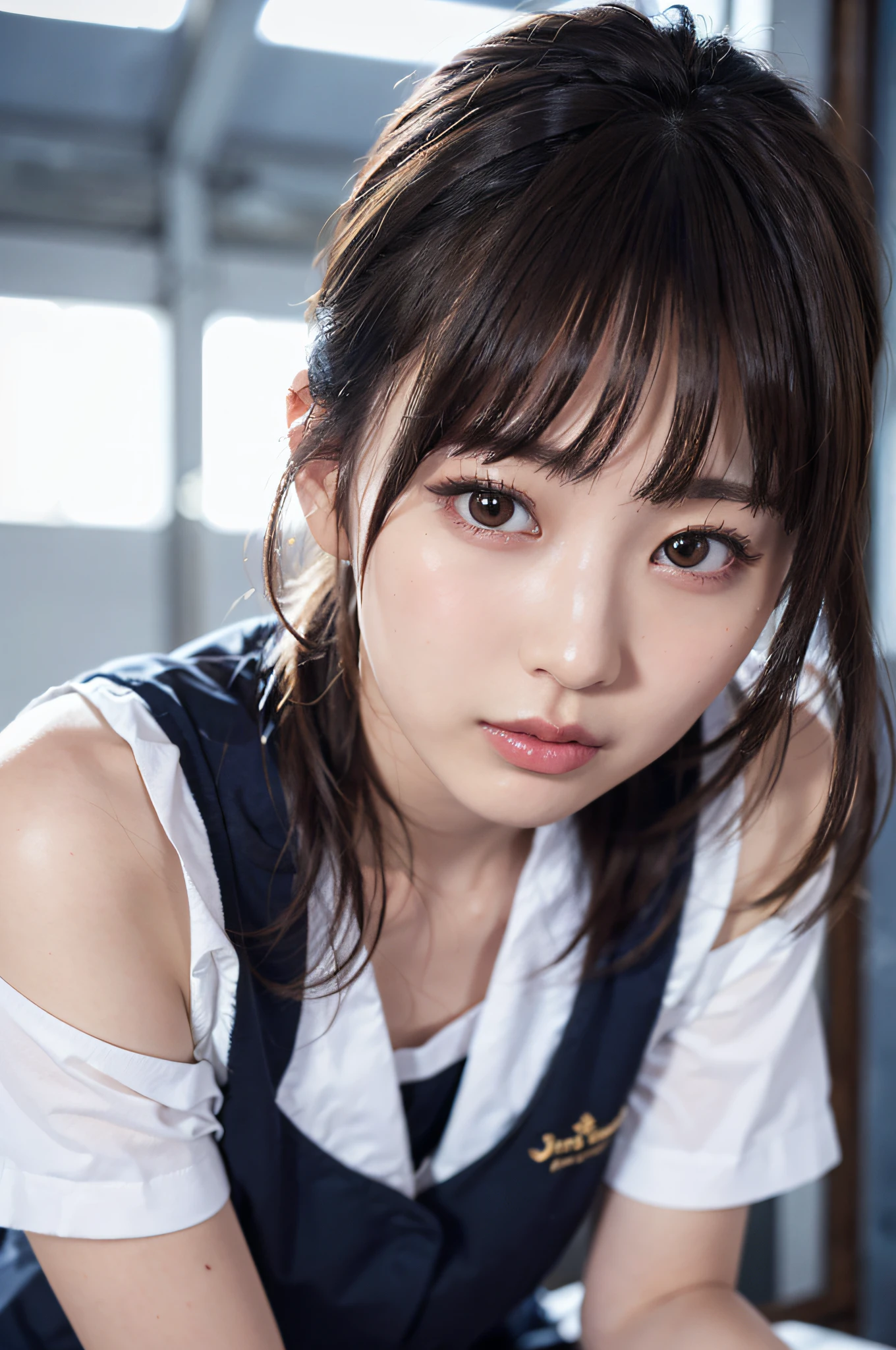 (top-quality、8K、32K、masterpiece、nffsw:1.2)、Photo of a cute Japanese woman、Black short hair、beauitful face、(Slouched:1.3)、Playing volleyball、(From above:1.2)、(a closeup:1.4)、bra very、panties on、G-cup big breasts、(beautiful nipple slips:0.9)、Volleyball Court、the wind、shinny skin、blurry backround、