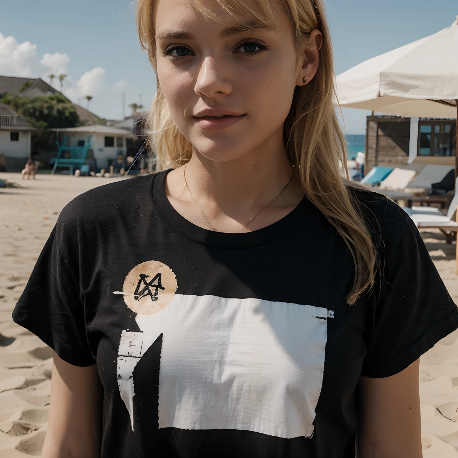 the beach, a blond, Put the SCAB logo on a black T-shirt