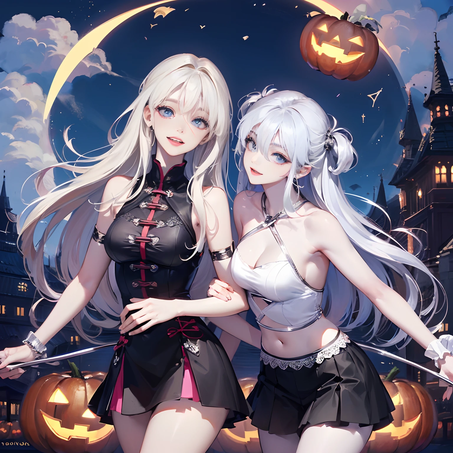 Halloween Floating Lights, Cinematic light and reflection, glowing lights, Intermediate metaverse elements,Digital Painting, Glowing reflections, pondering, Halloween Jack Lantern, calm night, Digital Illustration, Beautiful atmosphere, Skylight at night, Peaceful evening atmosphere, Jack-o'-lantern, Halloween, the night, themoon, The game scene, Halloween, Surrounded by clouds, ( (Splash ink ) ), ((Splash ink) inky})), tmasterpiece, high quarity, Beautiful graphics, high detal,Magnificent、 Girls、white hair、Sharp Focus, (Beautiful gorgeous cute korean woman:1.3), (Beautiful cute korean woman:1.3), Korean beauty, Delicate Beautiful Hair and Eyes and Face, realisitic, ultra-detailliert, a beauty girl, blue-sky, Glow white particles, (side lights:1.2), rays of sunshine, white clouds, Fine clouds, A slender, Pretty breasts and big buttocks, Show your teeth and smile, ((Smile with your eyes, open both eyes)), Long straight hair、sexy facial expression、Dynamic Hair、Detailed hair、glowingblueeyes、gotik、Ruffled skirt、de pele branca、(masterpiece:1.2、top-quality)、(The best lighting、extremely delicate and beautiful)、(The best lighting、extremely delicate and beautiful)、(beautifull detailed face)、(Detailed eyes and detailed face:1.2)、 (younggirl, 1girl in, 独奏, pale skin, (Dynamic Angle), teenrl