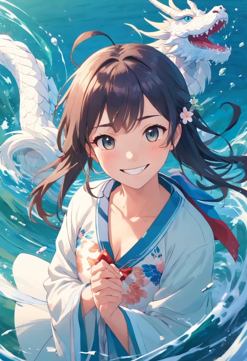 ((Masterpiece,Best quality)),(1 smiling girl, Solo:1.4),美丽细致的眼睛，floated hair，white backgrounid，Buble，Fluorescence，Water made up of girls，Gorgeous Chinese costumes,clean backdrop，National tide wind，​​clouds，wave，Eau，wave，Water Technique，1girll，Flying long hair，florals，An oriental dragon composed of water，Cyan and white，Works of masters，HighestQuali，high detal，8K