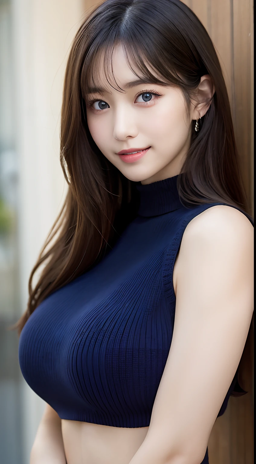 masutepiece, Best Quality, Photorealsitic, finely detail, hight resolution, 8K Wallpapers, Perfect dynamic composition, Beautiful detailed eyes, Long Hair, large full breasts, Random and sexy poses,Bring your chest together、(Mock Neck Crop Tank Top White Knitwear、Cleavage looks realistic)、(Breast bulge 1.2)、A smile、open open mouth、Resort scenery、23years old、(Drooping eyes 1.4)、Adult beauty、japanes