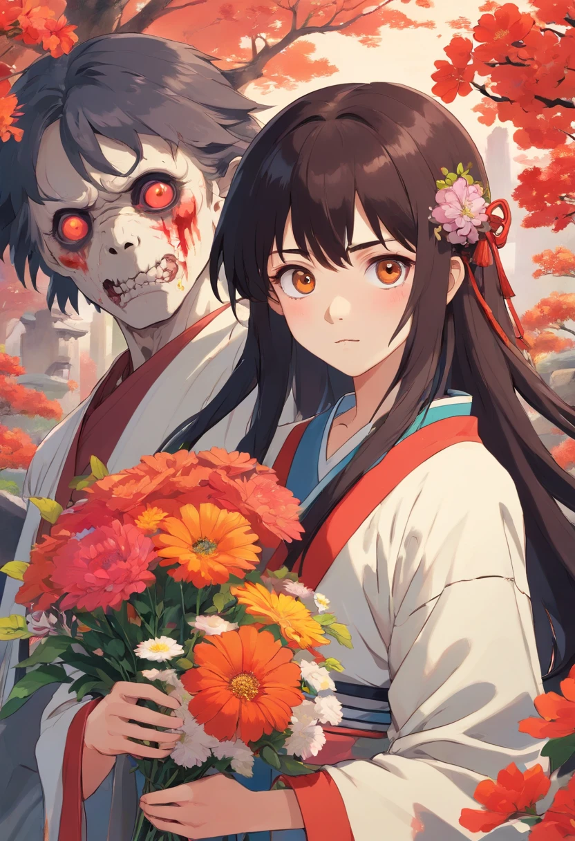 Pale Guy, Looks like a zombie with long black hair, In ancient Chinese attire, Give flowers to a girl in a sports uniform and brown hair.