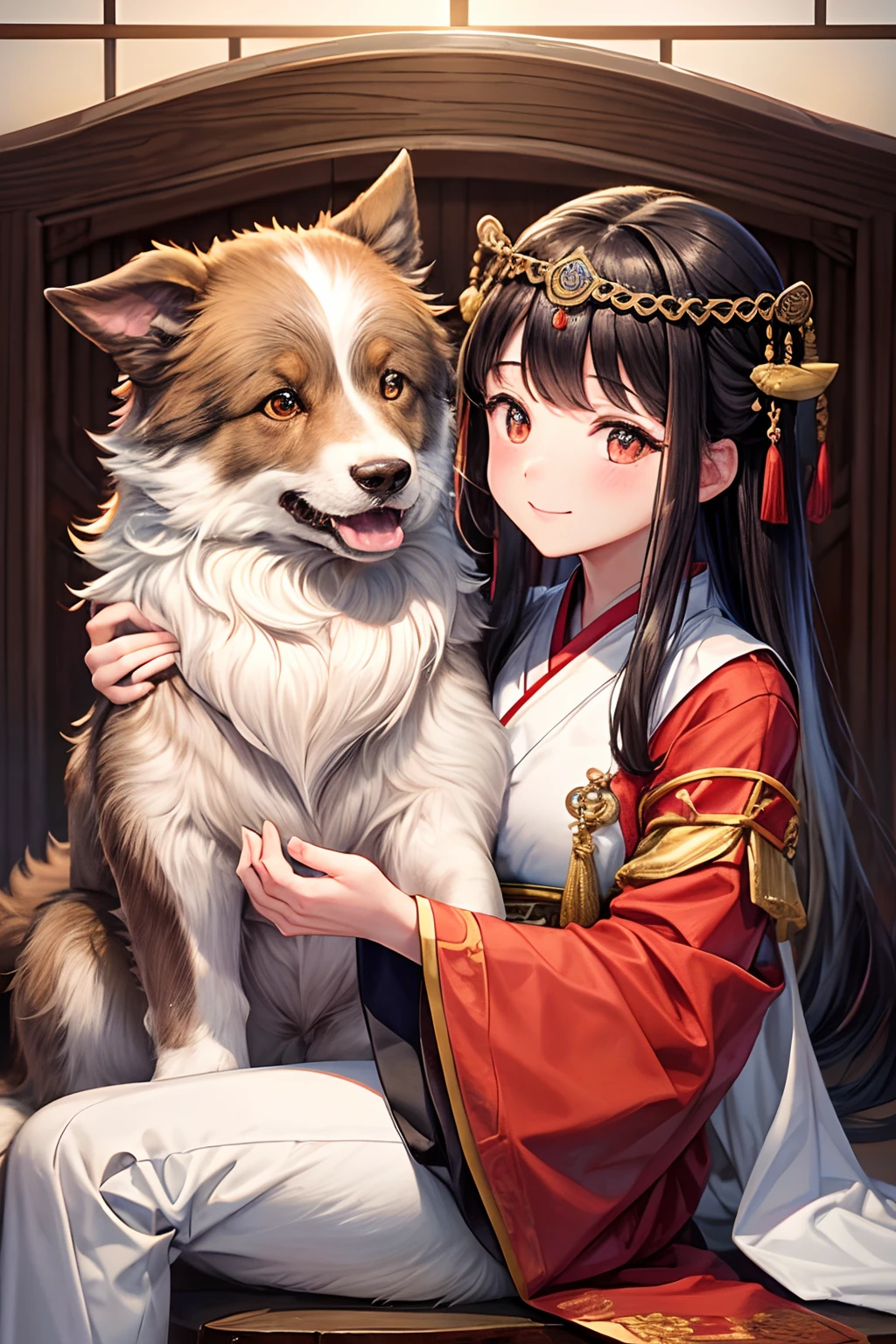 I would love for you to create a series of captivating photos featuring an adorable Border Collie. This particular Collie holds a special place in history as a wise commander in an ancient Chinese army. Dressed in a traditional Hanfu outfit, this intelligent pup is engaged in a fascinating discussion about tactics with his equally charming colleague. The photos should not only capture their undeniable cuteness but also portray the essence of their strategic conversation. Let the ancient wisdom and adorableness shine through in these captivating doggie photos that transport us to a bygone era of bravery and camaraderie 50 --v 5.2 --s 2