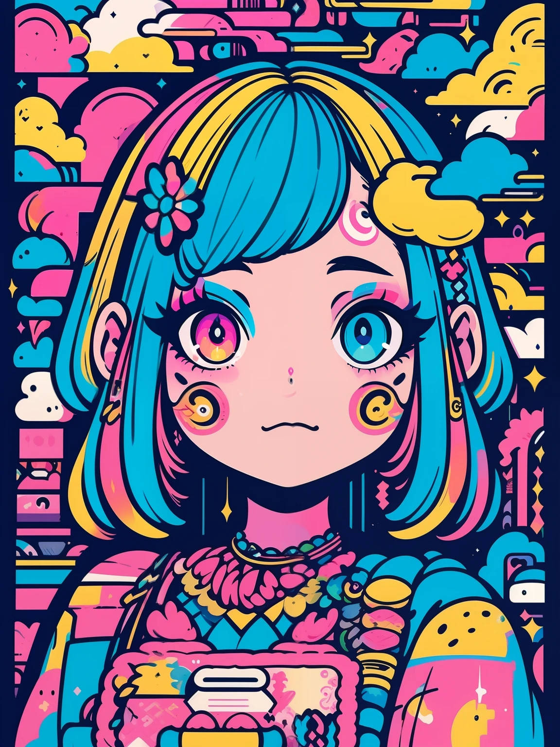 high high quality、Colorful color palette、high-level image quality、(Little girl with makeup:1.37)、Unprecedented amount of drawing、style of anime、（Cosmetics and decorations），Geometric pattern background、，frontage、Sticker style