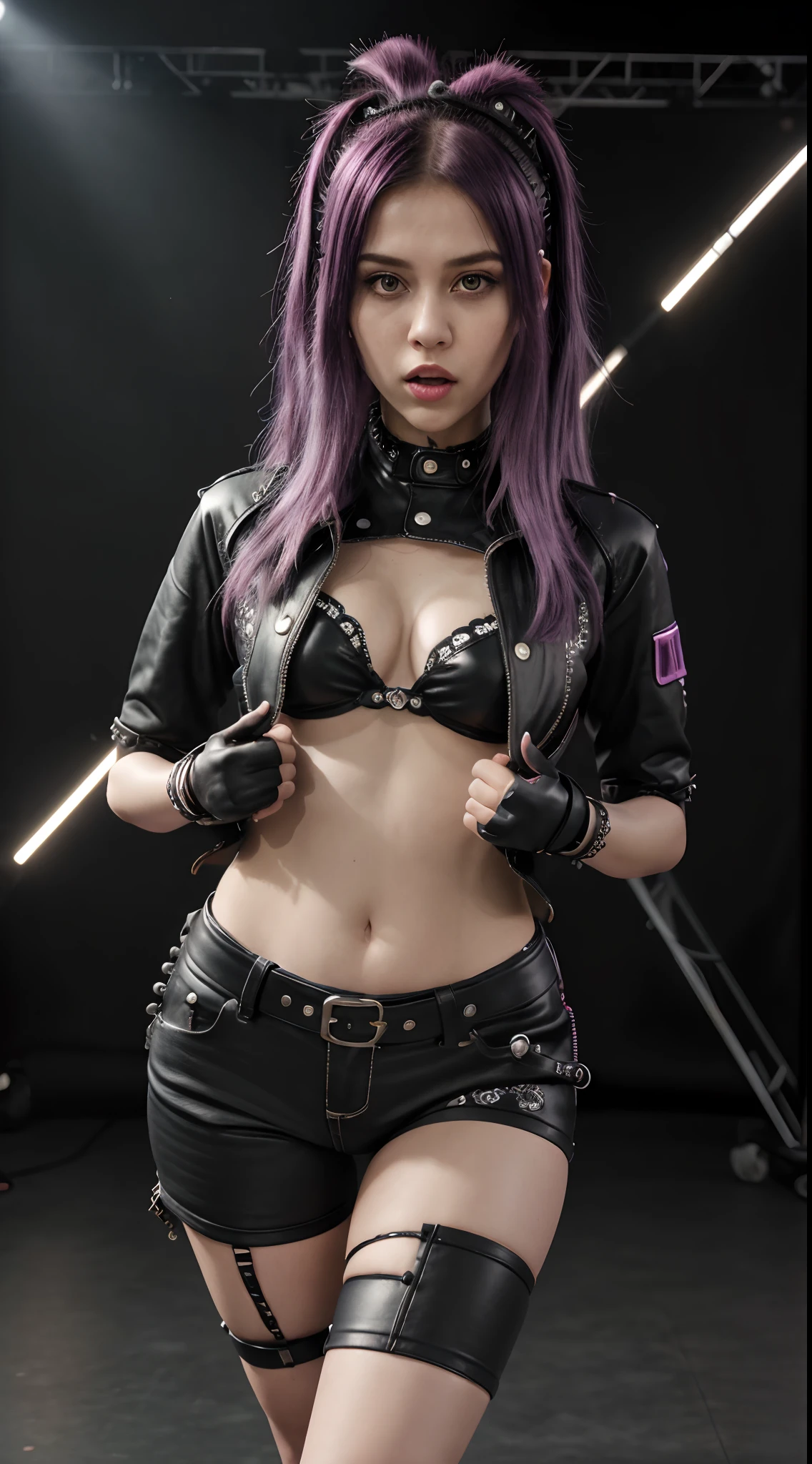 (best quality,4k,8k,highres,masterpiece:1.2),ultra-detailed,realistic,photorealistic:1.37,embarrassed,1girl rocker, violet hair,punk rocker, long punk hair,open mouth,parody,full body,expressive,shocked,illustration,expressive eyes, leather rocker wear, detailed lips,long legs,shading,lighting details,soft light,playful expression, staying pose, victory pose, stage on background