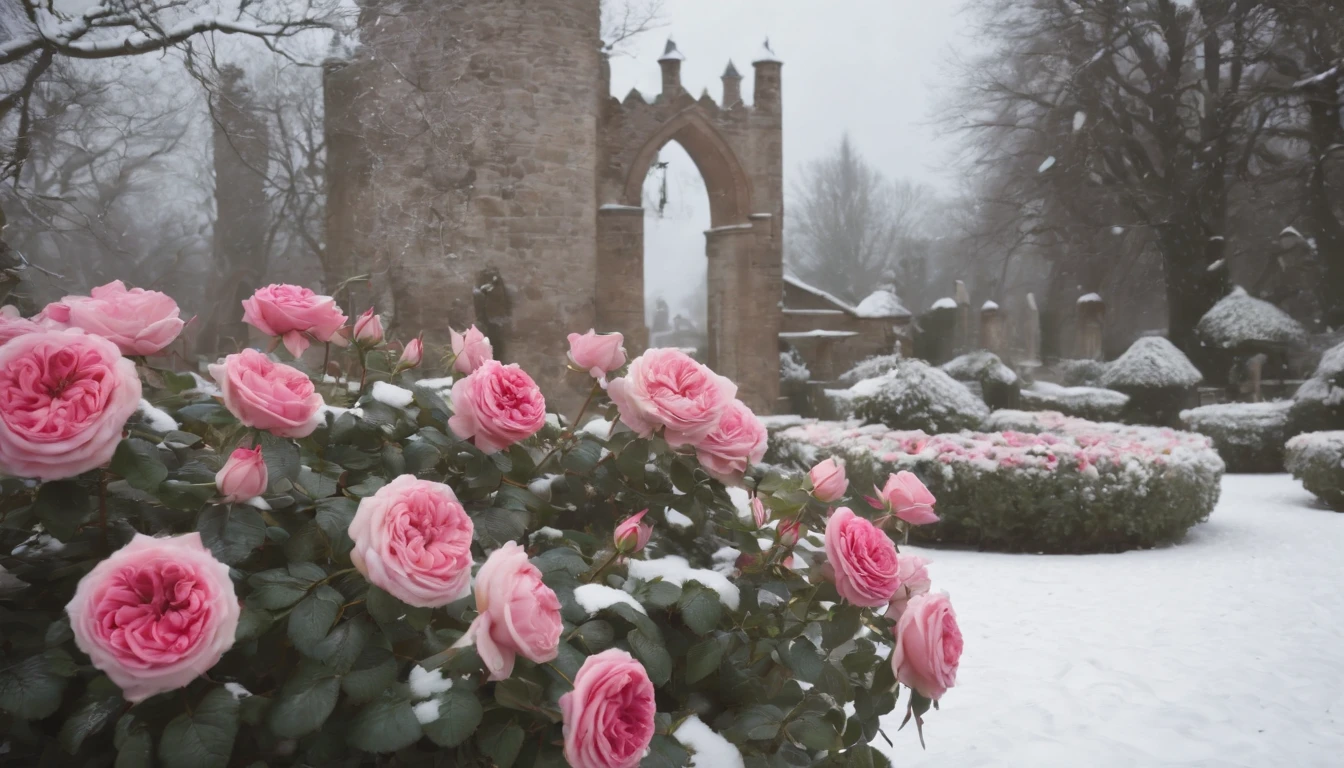 medieval rose garden in the snow with blooming Hungarian roses and a spiraling path, gothic, beautiful, cinematic scene from film, ultra detailed, high res, 8k, cinematic