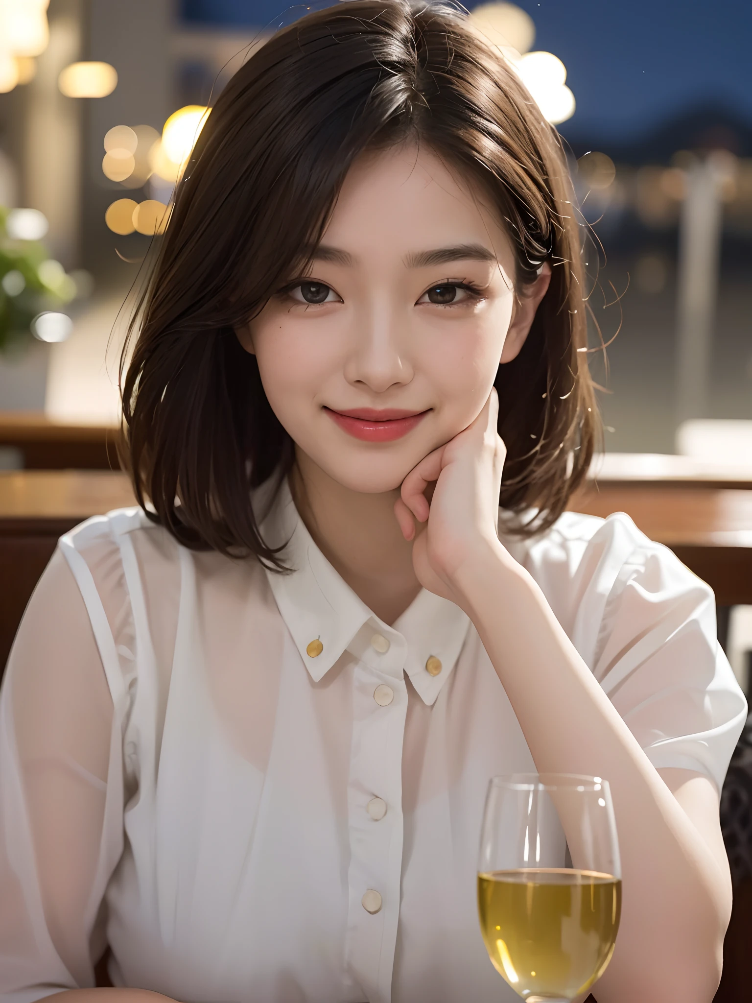 (64K, UHD, top quality, masterpiece: 1.2), (realistic, photorealistic: 1.37), super detailed, pretty woman 1 person, (slim face), (slim body), (brown hair), (short cut), cheeks slightly blushing, (44 years old), 38 years old, solo, beautiful detailed urban night view outside the window, restaurant, wine glasses sit, at night, in a prominent placeNovaFrogStyle, Actress, Model, Waist Up, White Wine, Slim, Wine Glass, Super Clean Night View, Wine Glass Put in the Middle, Happy Smile, (Smile: 1.15), Beautiful Fine Eyes, Upper Body, Bust Japan Up, Night, Short, Short, Actress, Model, Waist Up, White Wine, Slim, Wine Glass, Super Clean Night View, Wine Glass Put in the Middle, Happy Smile, transparent clothes,nude
