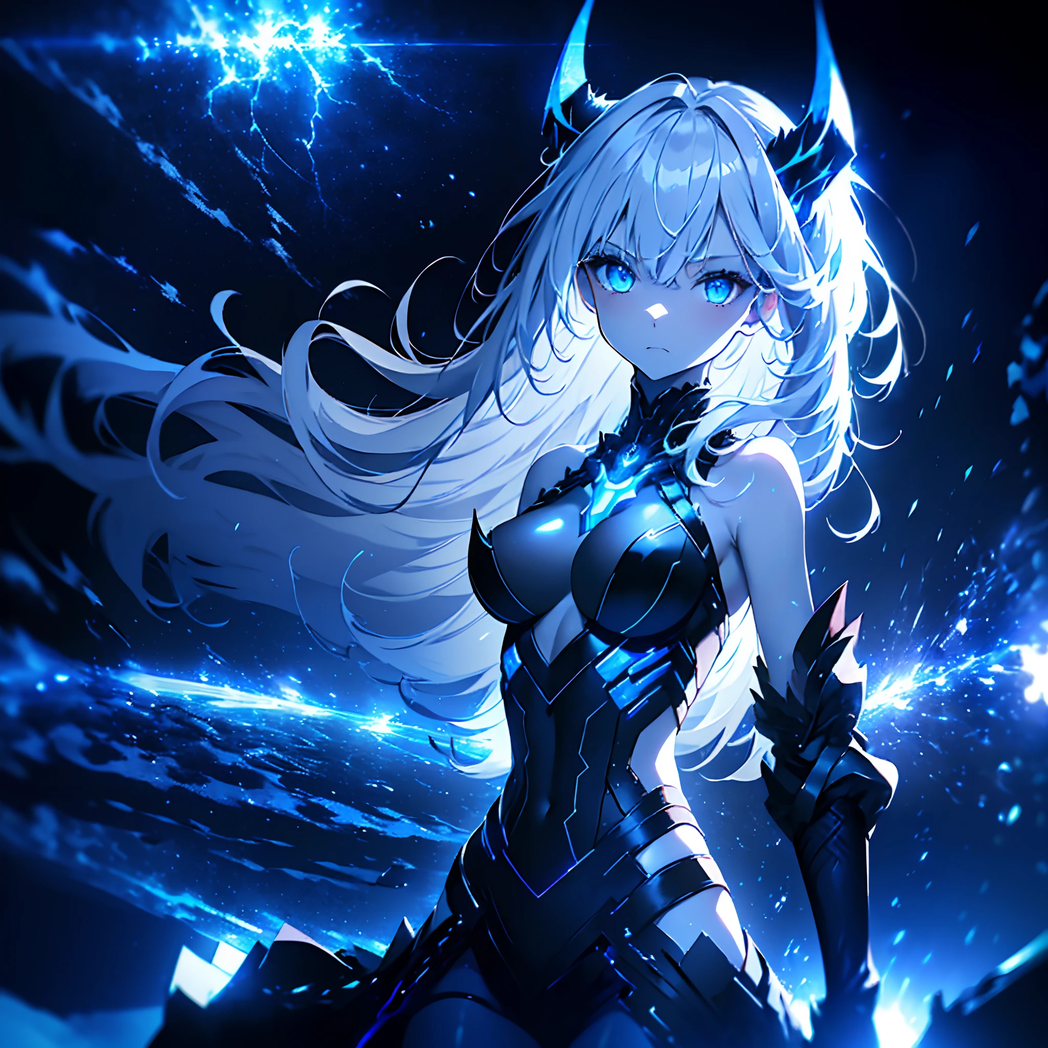 (Best quality, 8k,1 girl, solo, very pale silver skin), (cyber blue eyes, white hair with black fringes, horns with lightning magic), medium breasts, cinematic lighting, (floating midair, bare shoulders, highly detailed tight top, showy outfit), hand toward viewer, (cold expression, looking at viewer, epic)