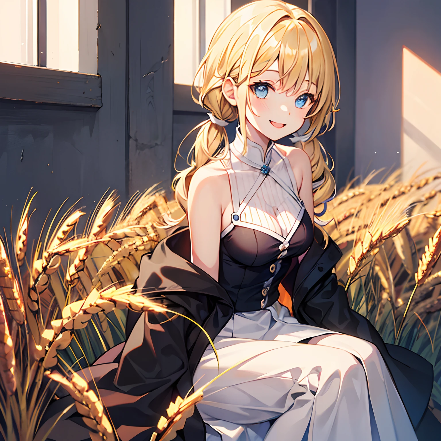 A girl, wheat-colored hair, Two shoulder-length pigtails, light blue eyes, bright smile