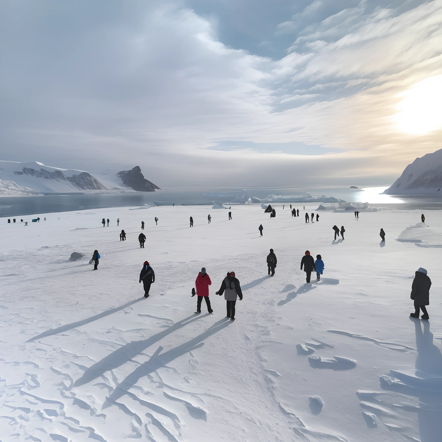 People walking on snow-covered beaches，The background is a patch of water, snowy arctic environment, walking across ice planet, luminist polar landscape, atarctive, inuk, is playing happily, planet hoth, winter, Inspired by Slava Raskay, by Daren Bader, polo, Inuit heritage, inspired by Edwin Georgi, atarctive