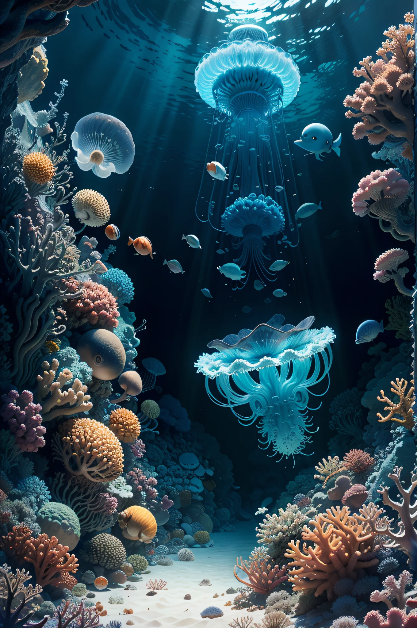 Pineapple the under the shining blue sea, jelly fish, Anemon,fish, squid,crab,coral