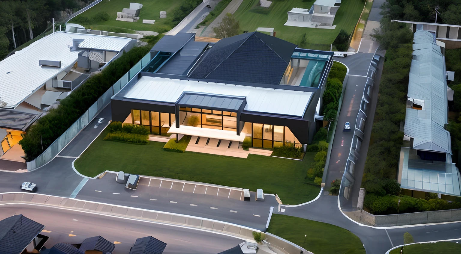 Bauhaus style house, glass house with a sloping roof, modern, dynamic (RAW photo, real, best quality, masterpiece:1.2), (hyper realistic, photo-realistic:1.2), high quality, (aerial view:1.2), perfect lighting, archdaily, asphalt road,