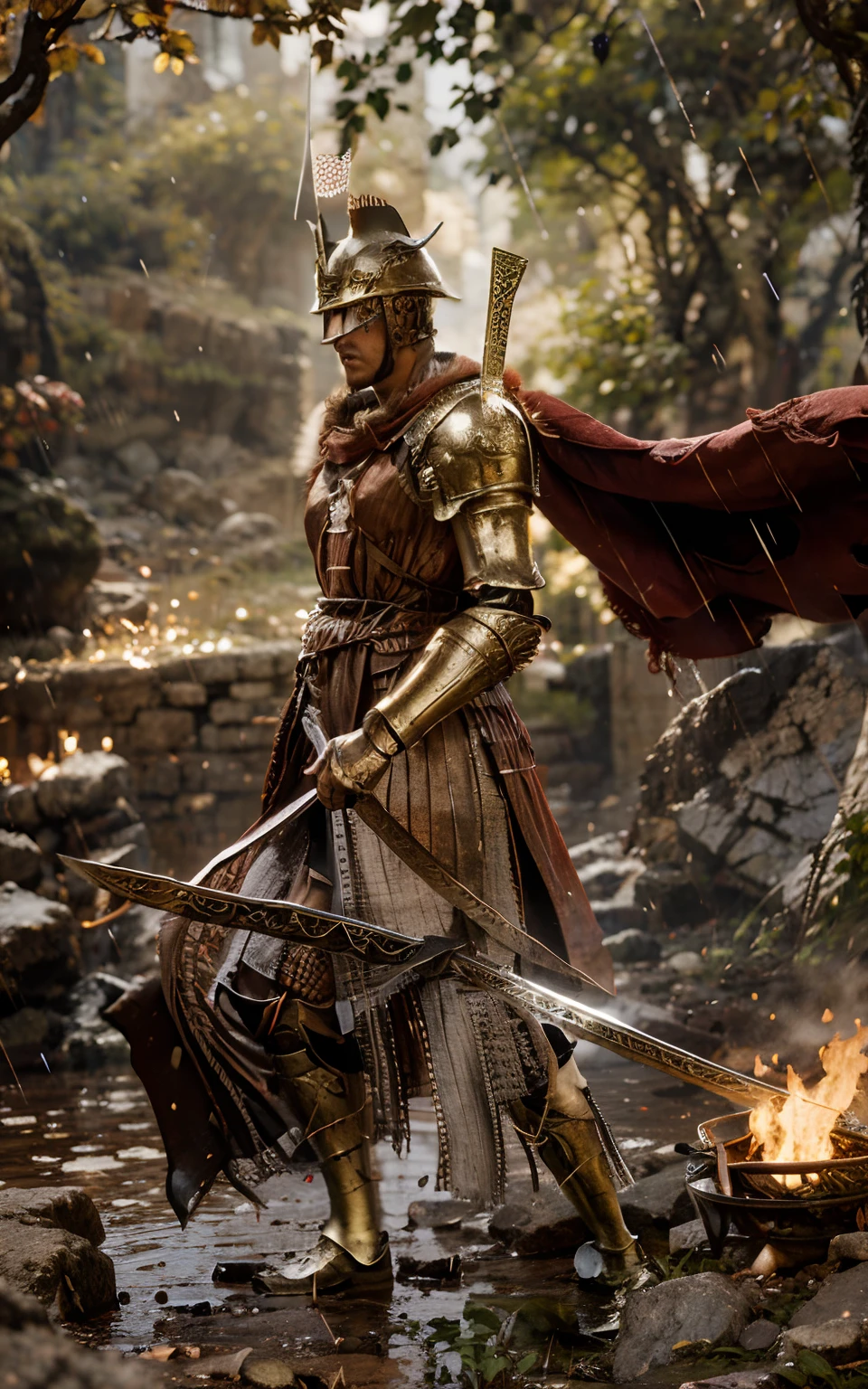 there is a man in armor standing in the rain with a sword, inspired by Roman Bezpalkiv, by Roman Bezpalkiv, ancient soldier, roman legionnaire, roman centurion, for honor charector concept art, medieval warrior, wojtek fus, by Tadeusz Pruszkówski, by Adam Marczyński