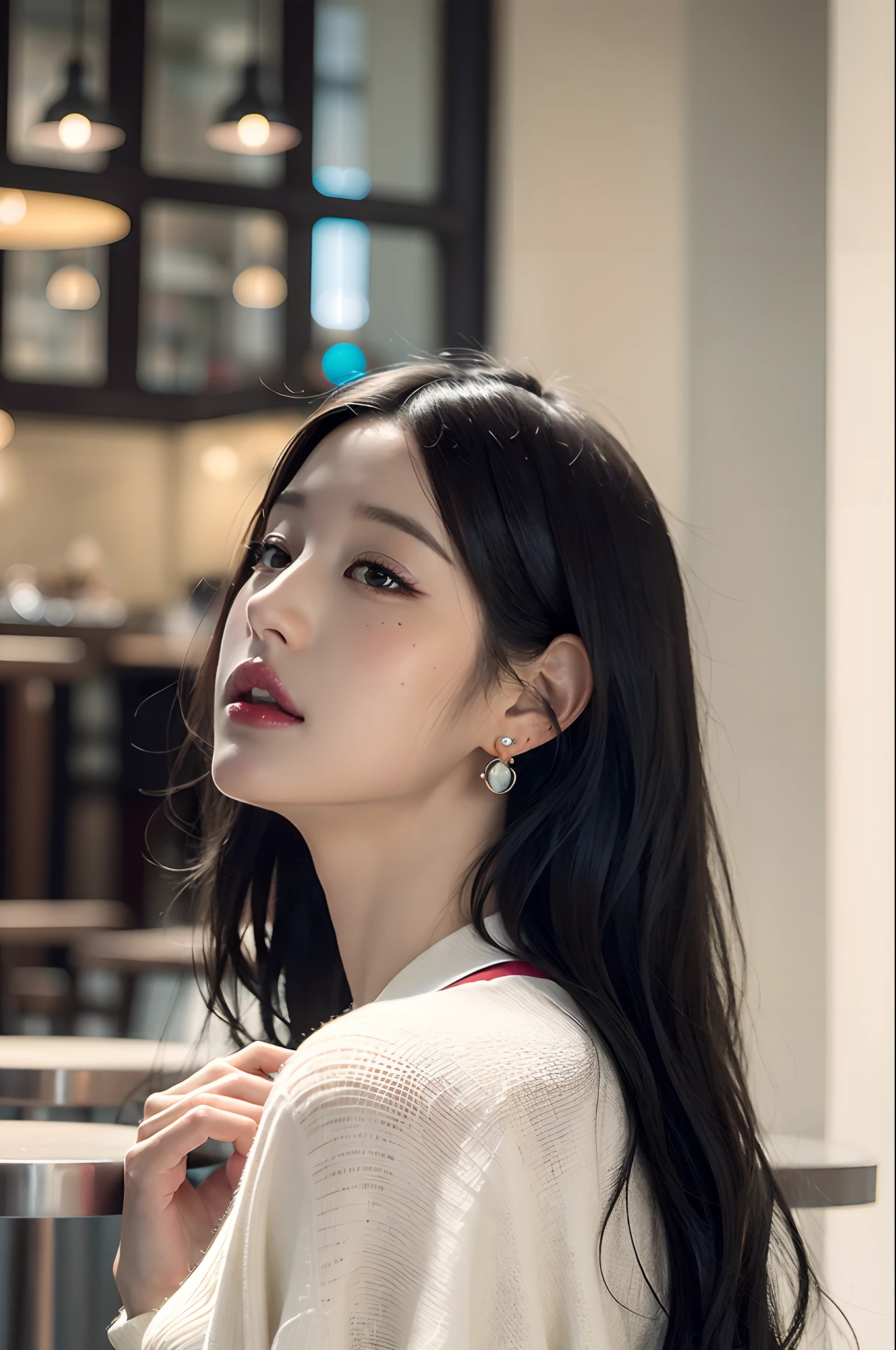 Best Quality, Masterpiece, The ultra-Highres, (Photorealistic:1.4), Raw foto, 1Girl, Earrings, jewellery, 1Girl, Black hair, looking up at viewer, coffee shop,realisitic