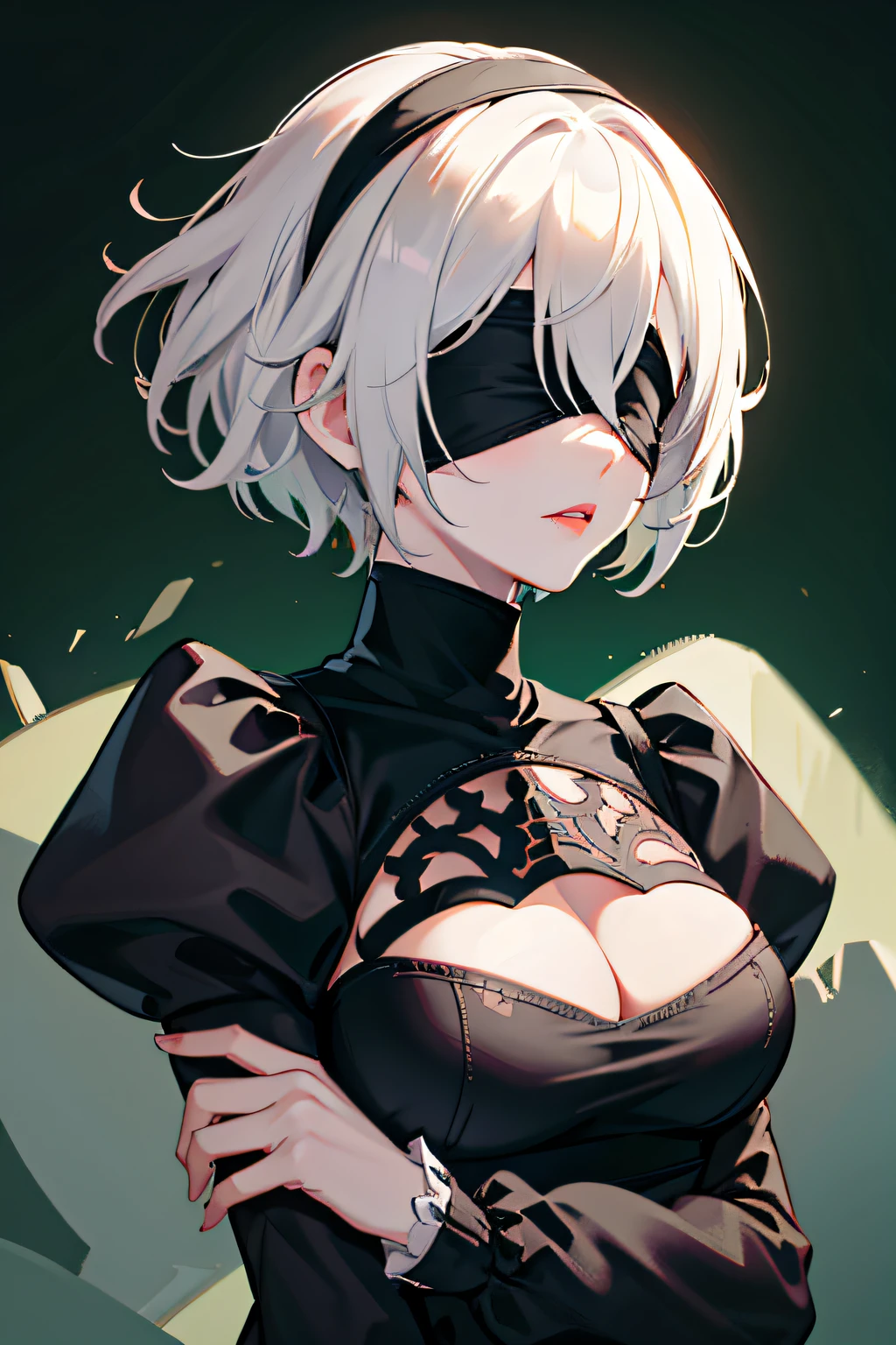 Yorha No. 2 Type B, 1girl in, Blindfold, breasts, cleavage, cleavage cutout, Clothes Cutout, Green background, hair between eye, shairband, hight resolution, juliet sleeves, Long sleeves, Puffy sleeves, Red lips, Shaded face, Short hair, Solo, turtle neck, Upper body, White hair, Background forest　ruins　knifes