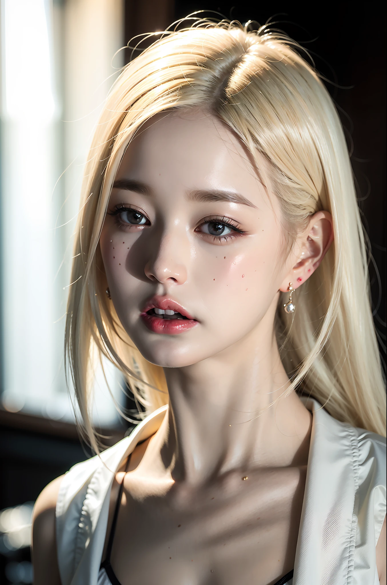 Best quality, masterpiece, ultra high res, (photorealistic:1.4), raw photo, 1girl, earrings, jewelry, 1girl, (platinum blonde hair:1.2), looking at viewer, cafe,realistic, closeup, sunlight, light from front, open mouth, BREAK,