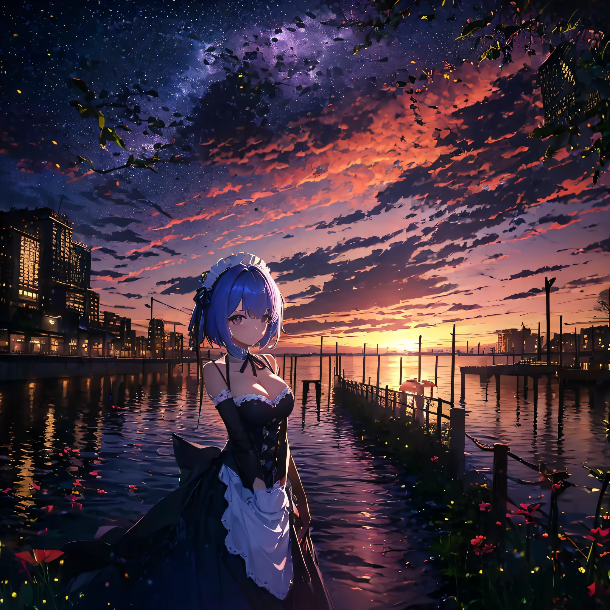 (masutepiece:1.3), (Best Quality:1.3), High resolution, Couboy Shot, I'm on the street with my arms outstretched and a big smile on my face.、Retro cityscape、Spread your arms、Hair color is purple、Blue Mesh、Squat position、Vivid sea、Iridescent Sea、huge smile、Spectacular background、The sun's rays illuminate her so beautifully, (One Cute Girl:1.3), 、Short hair, Maid headdress, X Hair Ornament, Hair Ribbon, Hair over one eye, Large breasts, frilld, Neck ribbon, cleavage, Dress, Detached sleeves, White Apron, Waist apron, White pantyhose