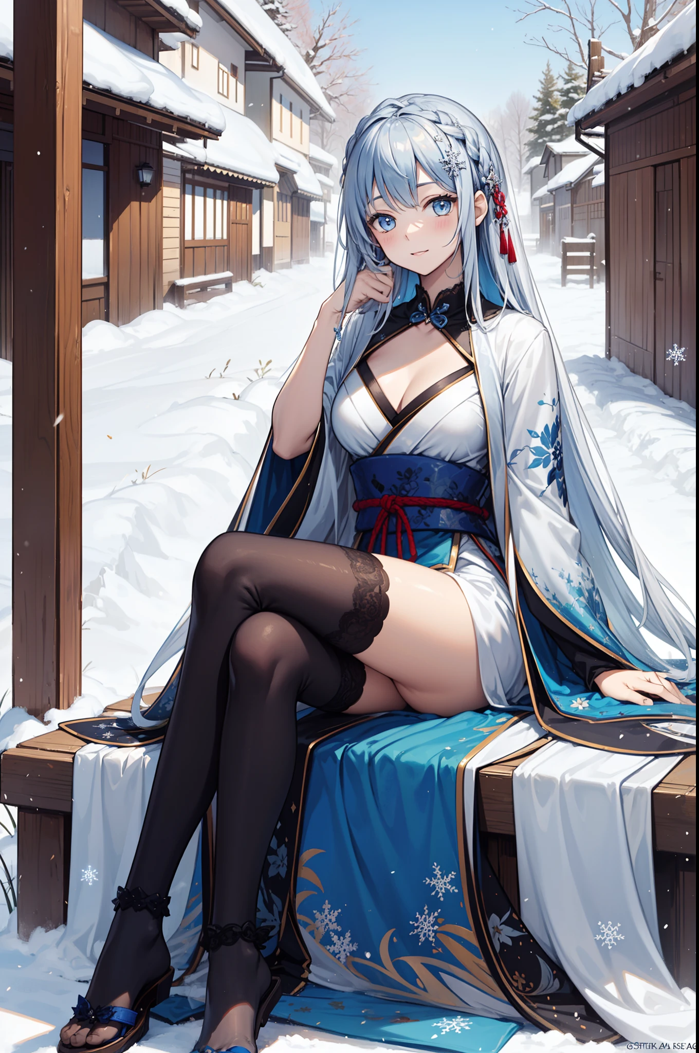 saints,seductiv,having fun,Being in love,(Western magic white dress),silber hair,eBlue eyes,Suitable transparent clothing,Decoration of saints,Sky blue cloth,Snowflake pattern,Sky blue pattern,Snowy nights,Transparent lace,exquisite costumes,Sit Pose,solo person,Japanese courtyard,(natta:1.1),nevando,(Pause startup:1.1),Delicate and beautiful face,Sit Pose