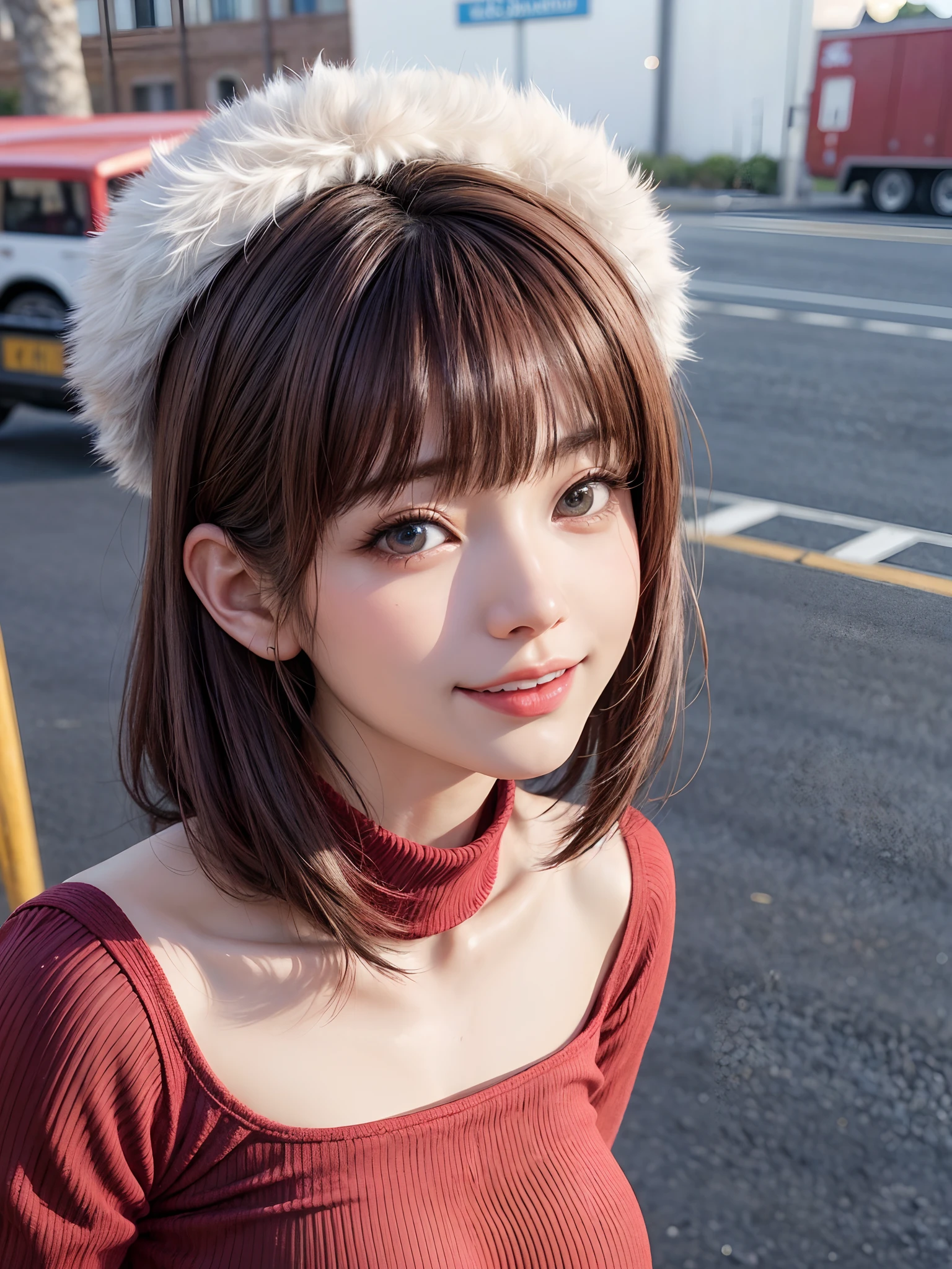 (masutepiece, top-quality、Very attractive adult beauty、Add intense highlights to the eyes、Look firmly at the camera、Beautiful woman full of adult charm),1girl in, 独奏, Light brown shiny hair, muffler,Santa Claus hat,realisitic, looking at the viewers, Bright colored crystal light blue eyes, short shiny hair, Santa Claus Color Star Neck Knit、 Santa Claus costume with turtleneck with a hole in the center of the chest,Sexy white turtleneck red knit sweater with round hole in the center of chest、 s lips, lipgloss,bangss, The upper part of the body、big eye、Lashes、The face is a little red、Embarrassing)、((Road system in Italy in winter))、((Shorthair with bangs、big eye、Put very strong highlights in your students、{Gigantic|Big|Huge|Mega} breasts、very Bigger breasts、gazing at viewer、Very beautiful beauty、Put your ears out、long neck、little smiling、Beautiful teeth、Open your mouth and smile))、28 year old、Very cute supermodel、