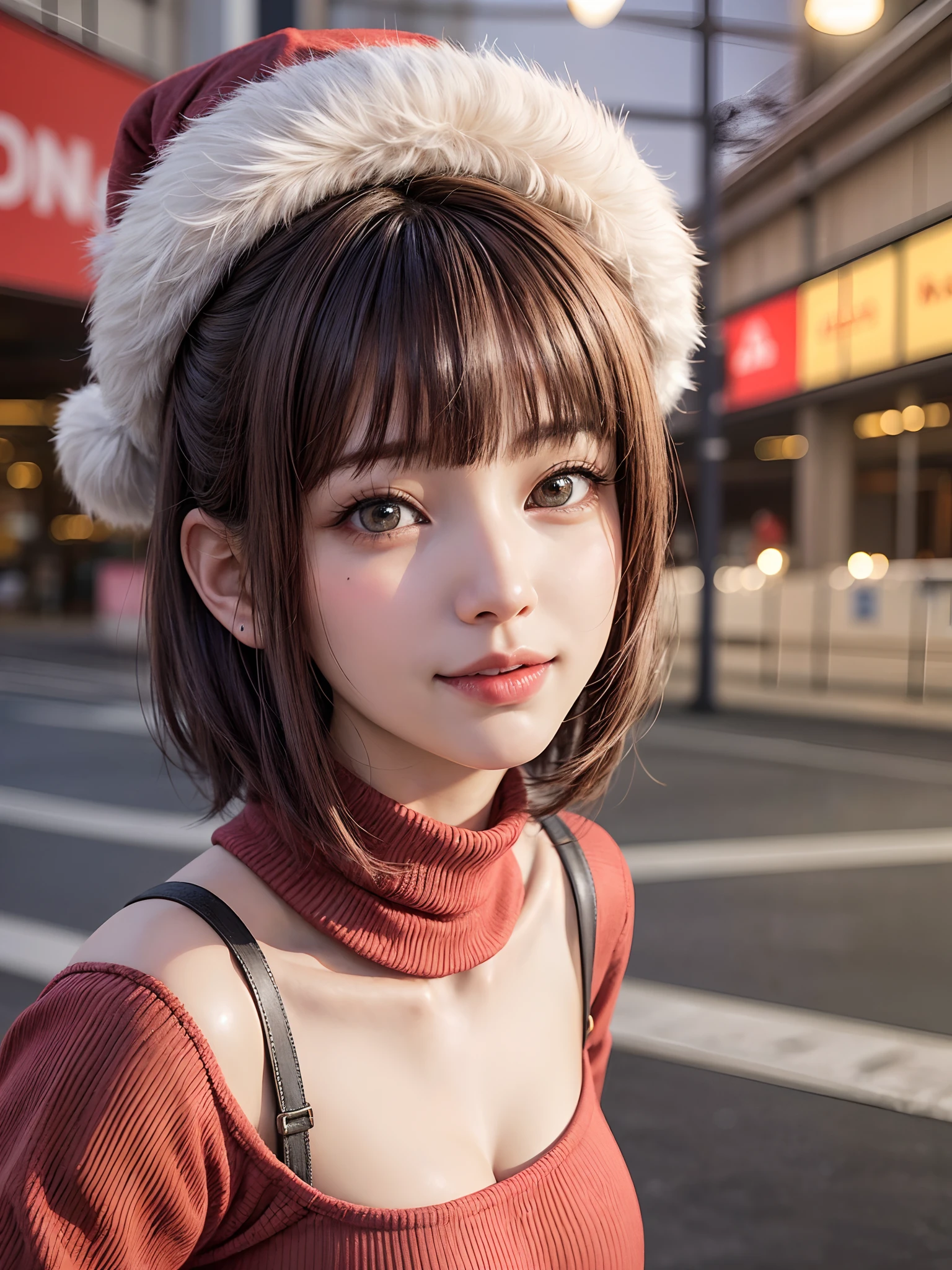 (masutepiece, top-quality、Very attractive adult beauty、Add intense highlights to the eyes、Look firmly at the camera、Beautiful woman full of adult charm),1girl in, 独奏, Light brown shiny hair, muffler,Santa Claus hat,realisitic, looking at the viewers, Bright colored crystal light blue eyes, short shiny hair, Santa Claus Color Star Neck Knit、 Santa Claus costume with turtleneck with a hole in the center of the chest,Sexy white turtleneck red knit sweater with round hole in the center of chest、 s lips, lipgloss，bangss, The upper part of the body、big eye、Lashes、The face is a little red、Embarrassing)、((Road system in Italy in winter))、((Shorthair with bangs、big eye、Put very strong highlights in your students、{Gigantic|Big|Huge|Mega} breasts、very Bigger breasts、gazing at viewer、Very beautiful beauty、Put your ears out、long neck、little smiling、Beautiful teeth、Open your mouth and smile))、28 year old、Very cute supermodel、