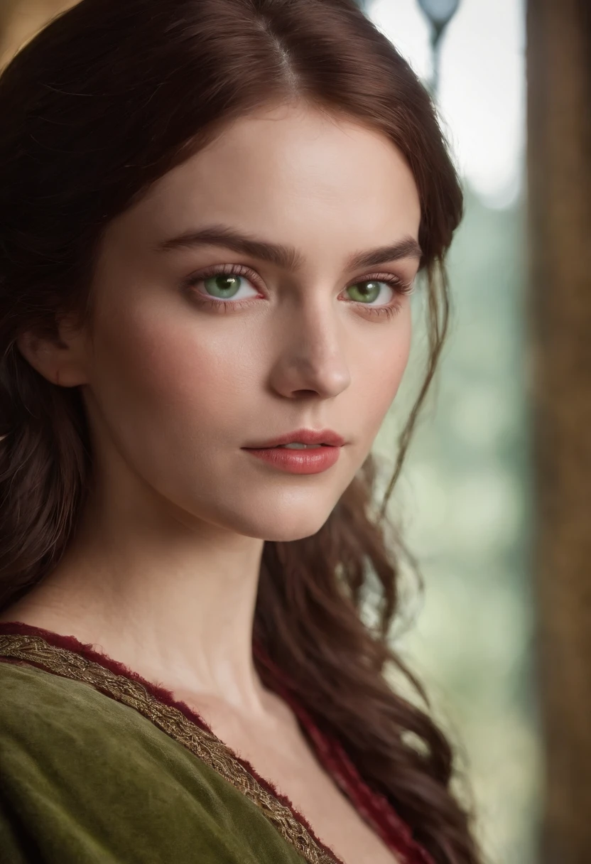 (((A deep reddish scar runs across her left cheek))) light skinned, Women around 19 years old, Natural gray hair, Distinctive green eyes, Wearing Cole, slender and graceful,, Beautiful, Candlelight in medieval atmosphere, Ultra Sharp Focus, realistic shot, Women's clothing in the Middle Ages, Tetradic color (Scar:1.4)