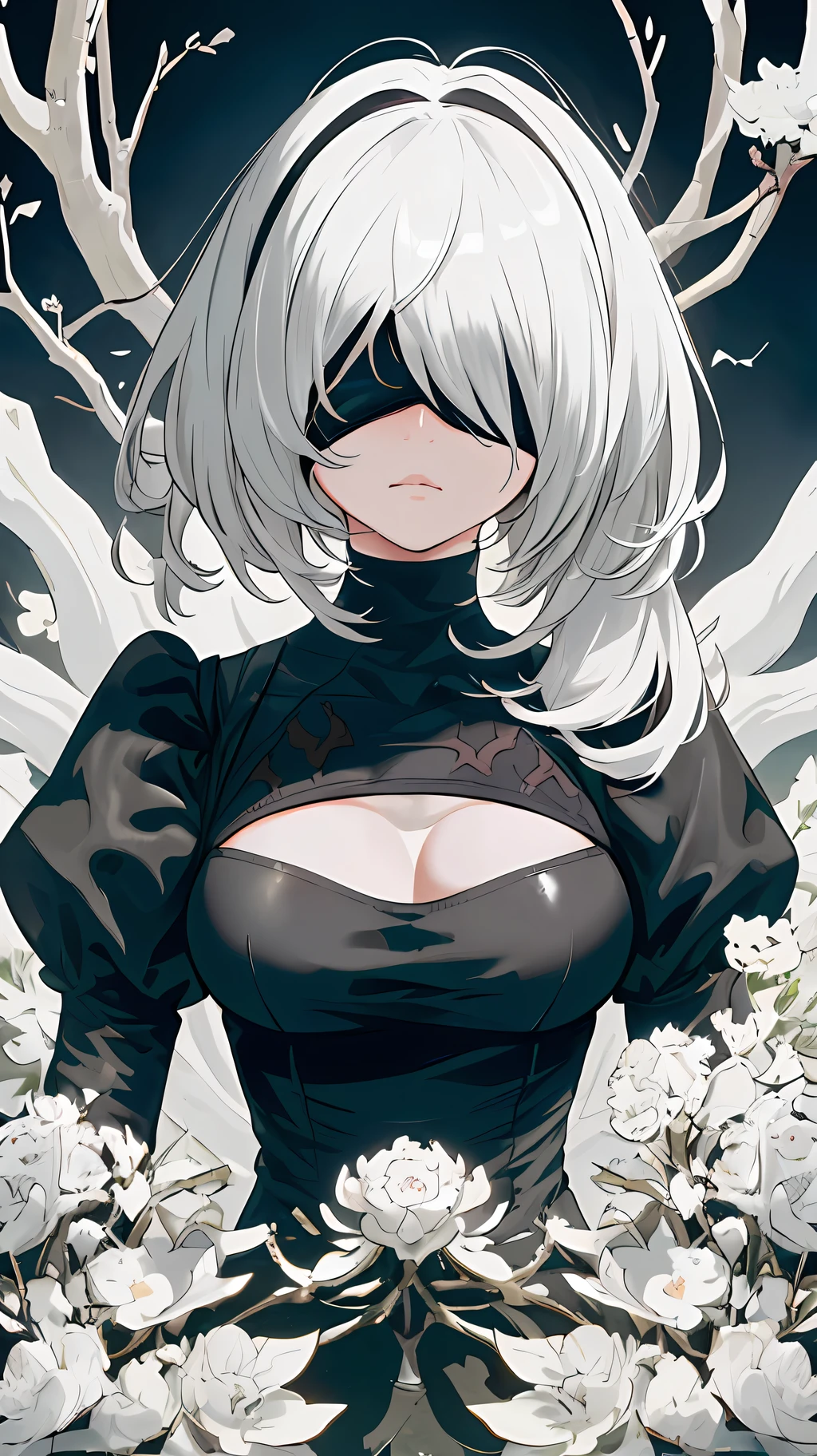 masterpiece, best quality, solo, (yorha no. 2 type b:1.14), (covered eyes:1.05), (portrait:1.1), (upper body:1.1), medium breasts, expressionless, 1girl, solo, (ruffling hair, messy hair:1.1), white hair, shiny hair