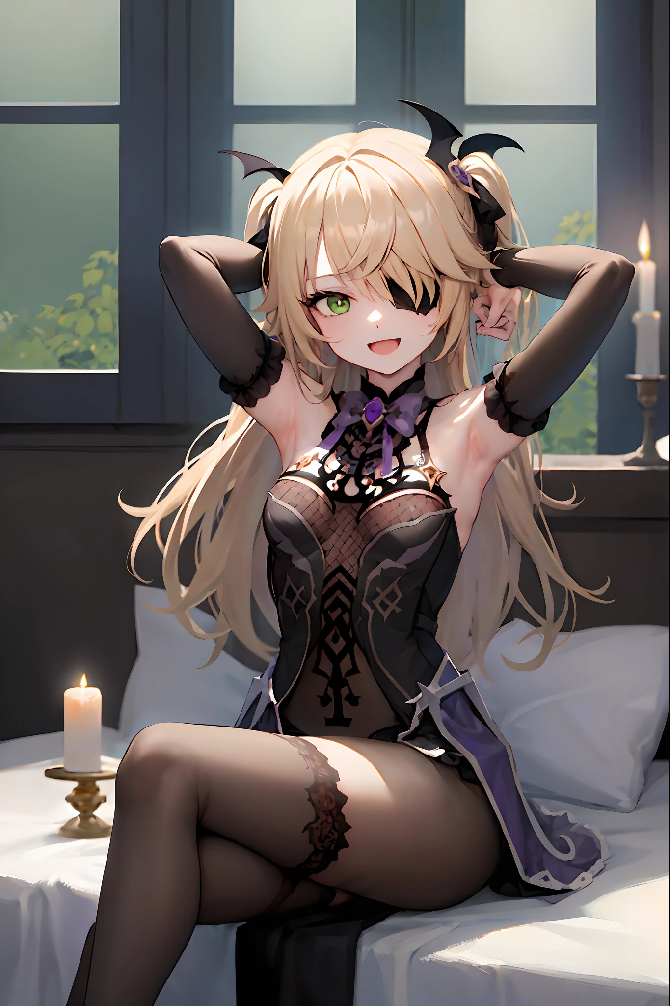 (Realistic painting style:1.1), masterpiece, best quality, absurdres, fischl (dunkelnacht sakrament) (genshin impact), green eyes, white pupils, fischl (genshin impact), asymmetrical sleeves, detached collar, detached sleeves, 1girl, blonde hair, thighhighs, eyepatch, crow, long hair, sitting, smile, flower, open mouth, candle, two side up, solo, crossed legs, rose, looking at viewer, bow, purple bow, black thighhighs, dress, hair over one eye, bare shoulders, bodystocking, breasts, bangs, purple bowtie, black gloves, window, bowtie, :d, single leg pantyhose, hair ribbon, single thighhigh, ribbon, red flower, indoors, night, arms up, hands behind head, armpits, sweat, sweaty armpits