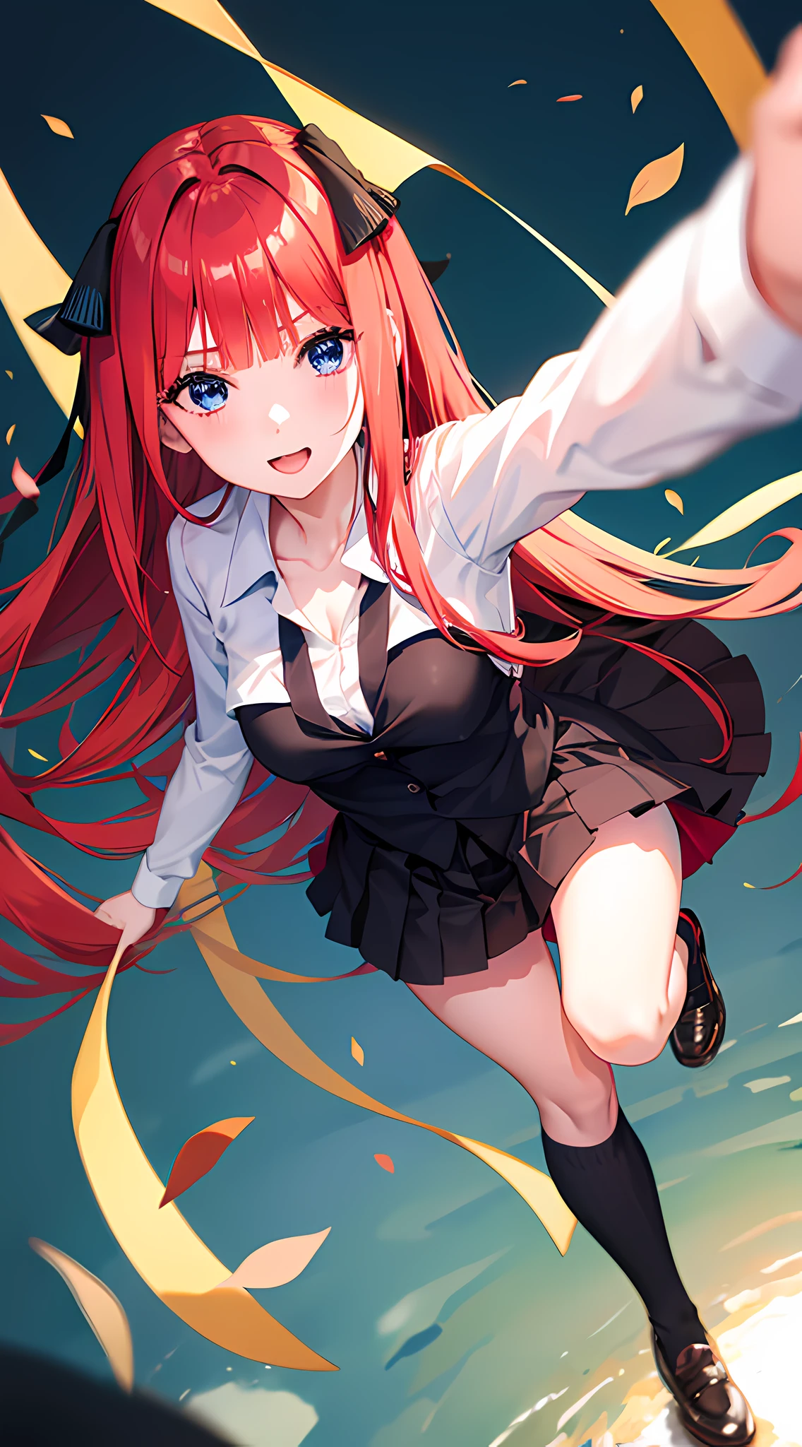 Nino Nakano:Beautiful young girl is happy and looking at the viewer,1girl,long reddish-pink hair,beautiful dark blue eyes,Black Ribbons,wearing white shirt,black jacket,green skirt,white long high socks,medium breasts,cute pose,anime,(Nino Nakano),(Gotoubun no Hanayome),masterpiece,8k,very high quality,