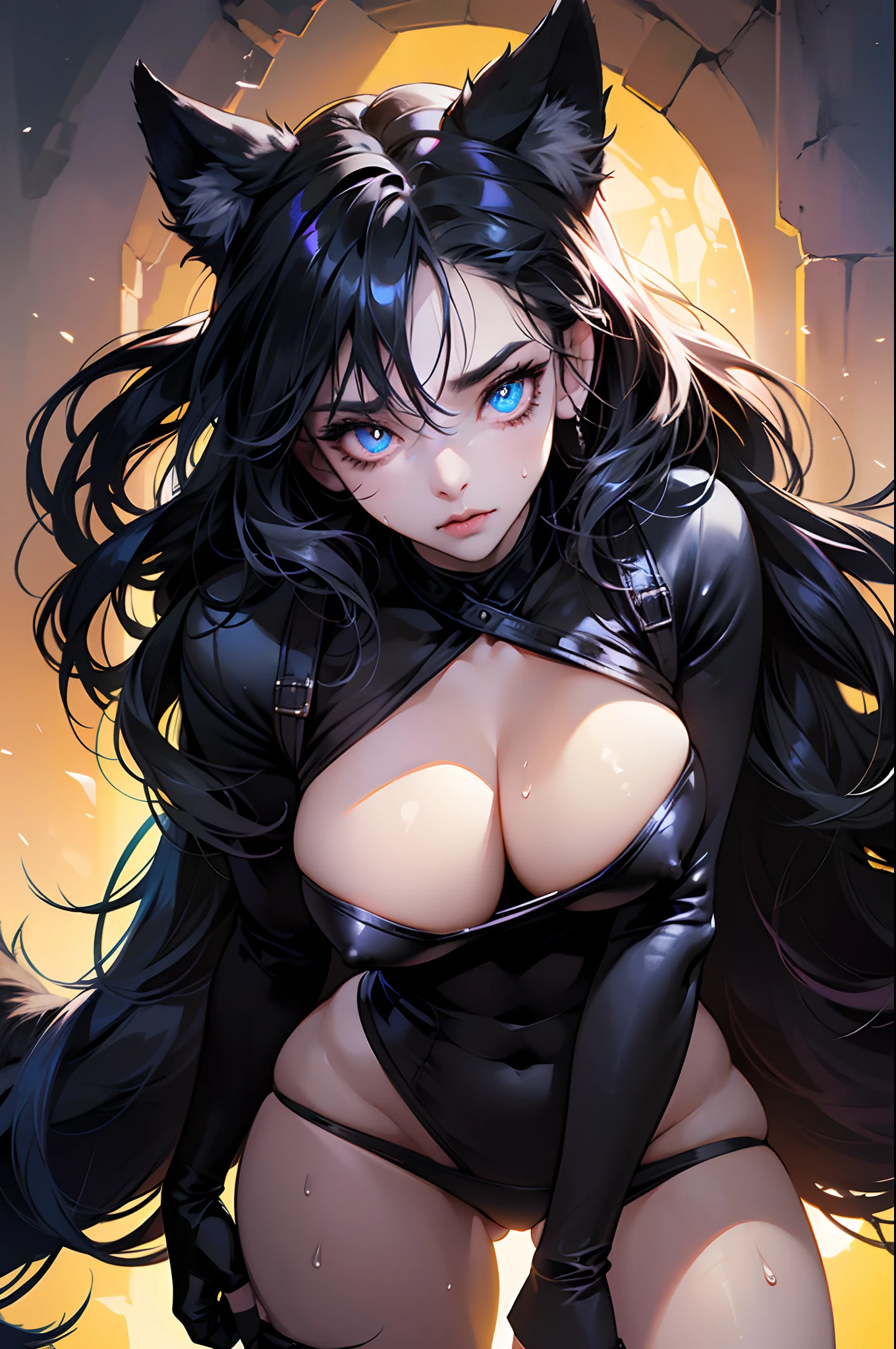 Furry art, goth wolf furry woman with a thick build, human face, shiny skin, sweat on skin, micro bikini, blue eyes, long messy black emo hair, thick thighs, low hanging boobs, in 8K resolution, with dynamic lighting and highly detailed face and eyes.