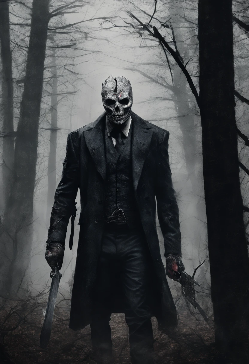 a tall muscular man with torn ragged black suit with a black mask 。Completely realistic, he holds a blood stained machete chasing a woman with torn clothes through a dark forest. where thunder strikes and filled with bones beside the trees Full high resolution, Well made,detail-rich