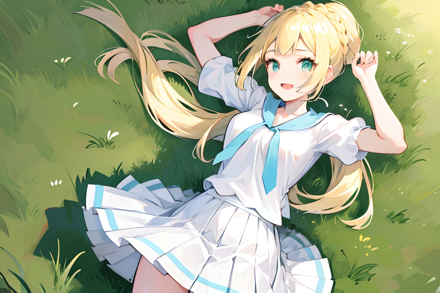 aalillie, long hair, ponytail, french braid, white shirt, short sleeves, white skirt, pleated skirt,Smile with open mouth,grass field,Top image quality,Masterpiece,Best Quality