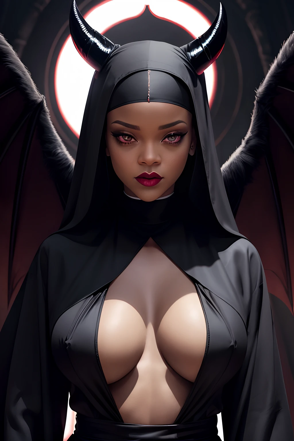 Rihanna as an evil nun,en robe de nonne sexy, Two Demon Horns on the head, rouge & Black Demon Wings, diabolique, insidieux, Dark and Sinister Satanic Church