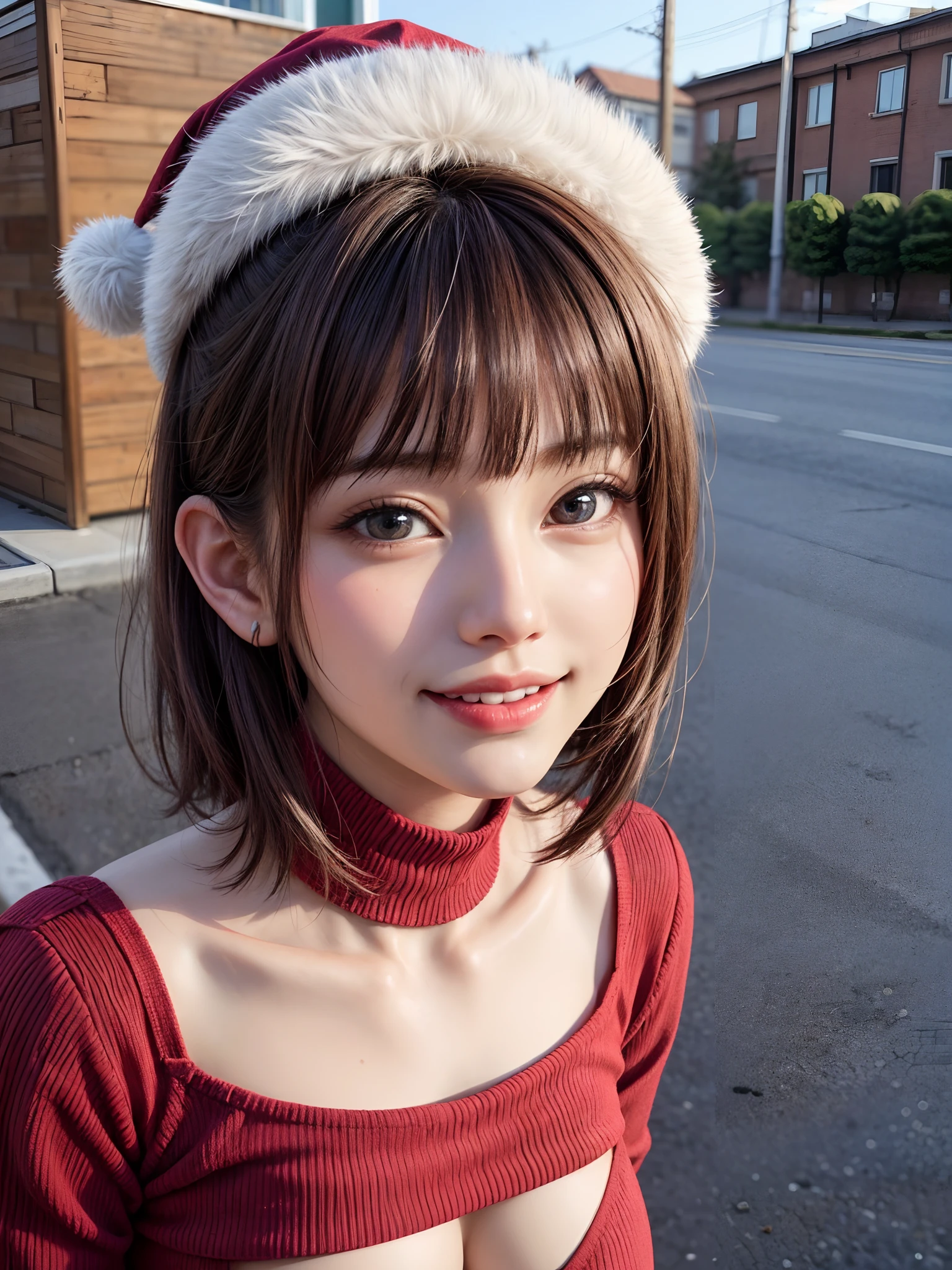 (masutepiece, top-quality、Very attractive adult beauty、Add intense highlights to the eyes、Look firmly at the camera、Beautiful woman full of adult charm),1girl in, 独奏, Light brown shiny hair, muffler,Santa Claus hat,realisitic, looking at the viewers, Bright colored crystal light blue eyes, short shiny hair, Santa Claus Color Star Neck Knit、 Santa Claus costume with turtleneck with a hole in the center of the chest,Sexy white turtleneck red knit sweater with round hole in the center of chest、 s lips, lipgloss，bangss, The upper part of the body、big eye、Lashes、The face is a little red、Embarrassing)、((Road system in Italy in winter))、((Shorthair with bangs、big eye、Put very strong highlights in your students、{Gigantic|Big|Huge|Mega} breasts、very Bigger breasts、gazing at viewer、Very beautiful beauty、Put your ears out、long neck、little smiling、Beautiful teeth、Open your mouth and smile))、28 year old、Very cute supermodel、