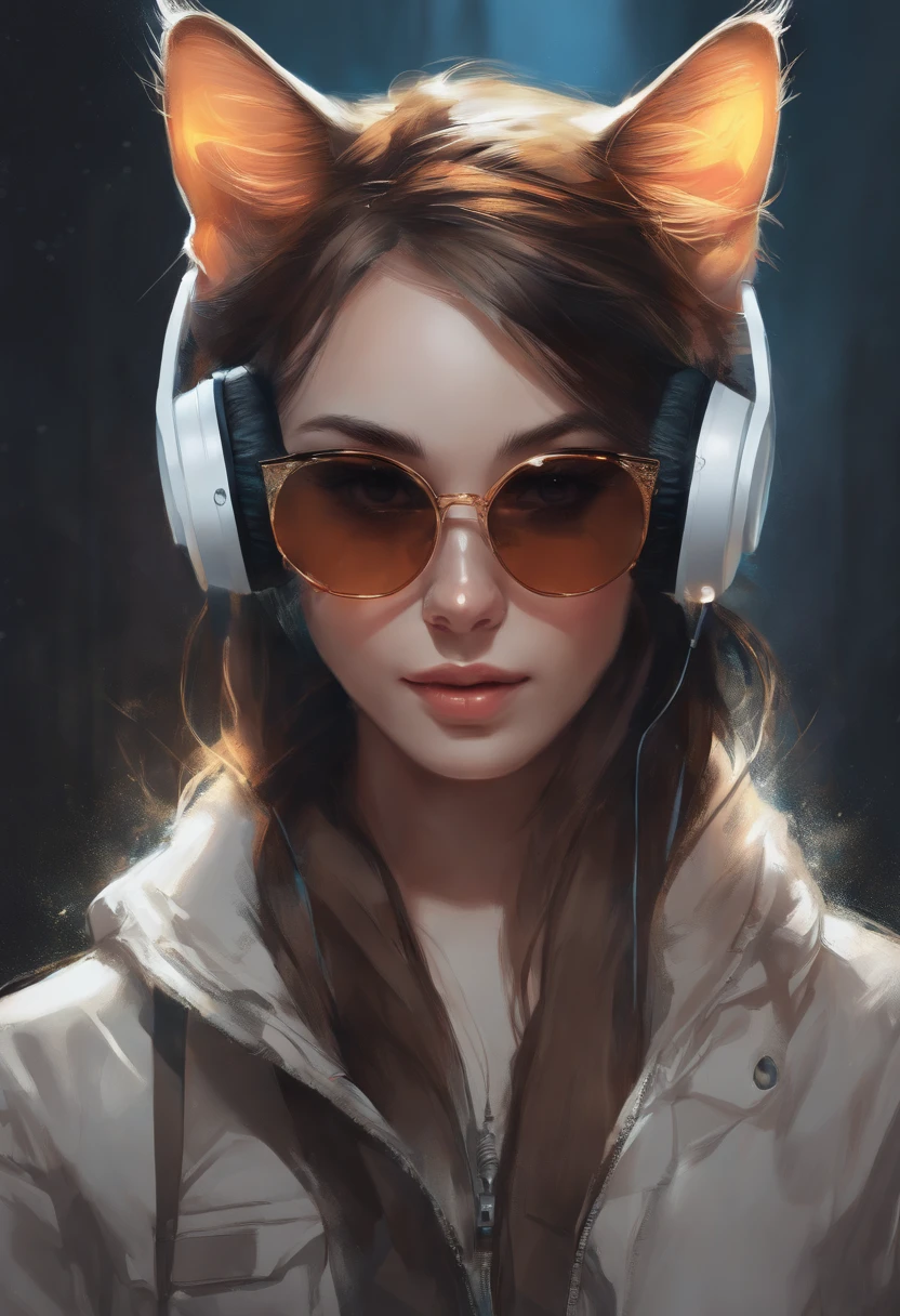 Perfect centering, A cute kitten all over, Wear a student jacket, Wearing sunglasses, Wearing headphones, Standing position, Abstract beauty, Centered, Looking at the camera, Facing the camera, nearing perfection, Dynamic, Moonlight, Highly detailed, Digital painting, art  stations, concept-art, smooth, Sharp focus, 8K, high definition resolution, illustration, Art by Carne Griffiths and Wadim Kashin, White background